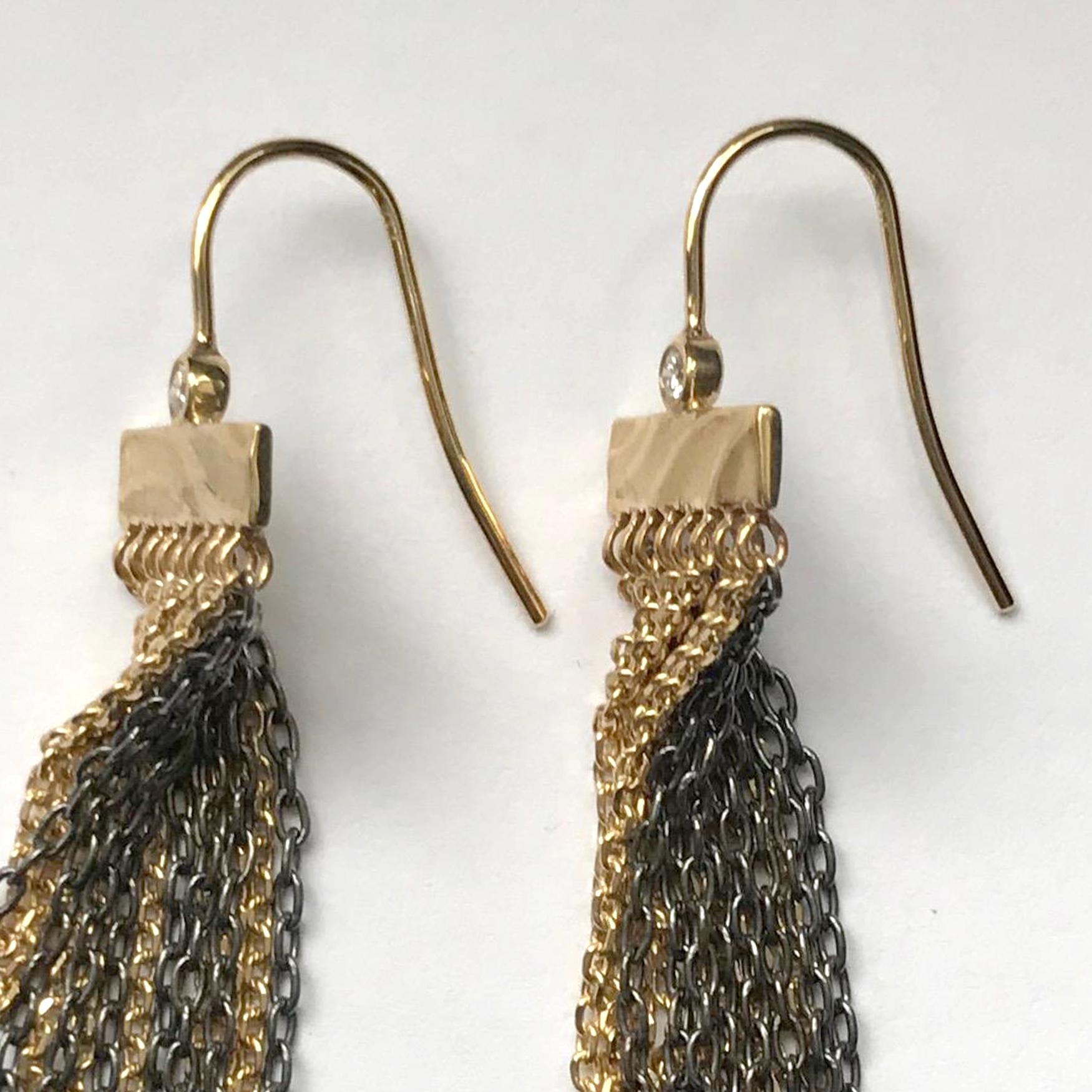 Fringe Earrings in 14 Karat Gold and Sterling Silver with 0.07 Carat Diamonds In New Condition For Sale In New York, NY