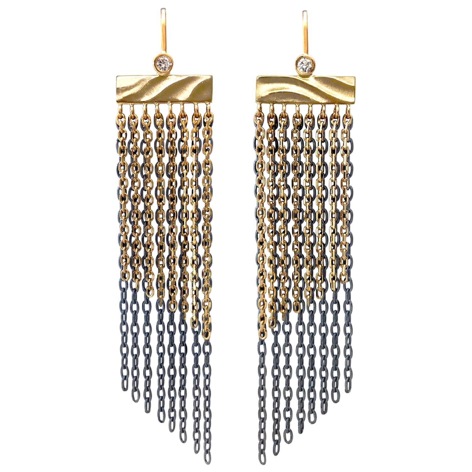 Fringe Earrings in 14 Karat Gold and Sterling Silver with 0.07 Carat Diamonds For Sale