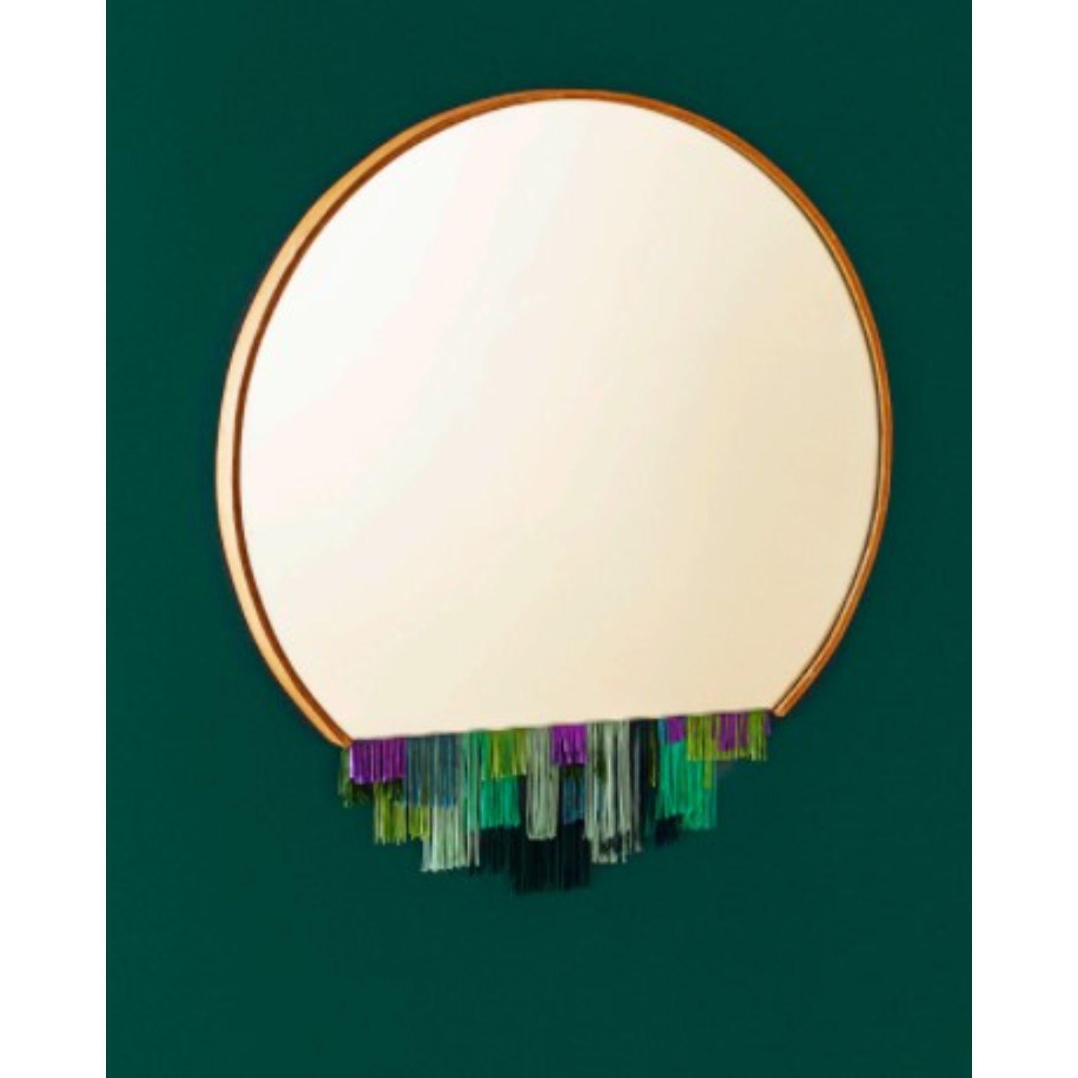 Fringe mirror green by Tero Kuitunen
Material: oak, glass mirror, textile fringes.
Dimensions: D 53 x W 53 x H 3 cm
Also available: different colors.

Do you remember the old fabric lamp shades with fringe edges? I love how they evoke the urge