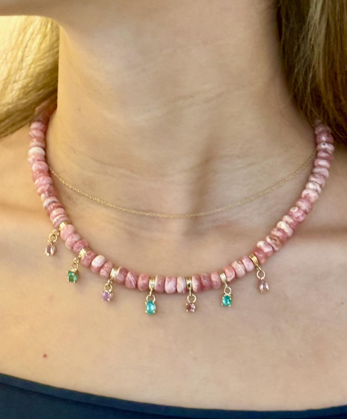 Fringe Rondelle Necklace with Rhodochrosite, Emeralds, Pink Spinel & 14k Gold en venta 6