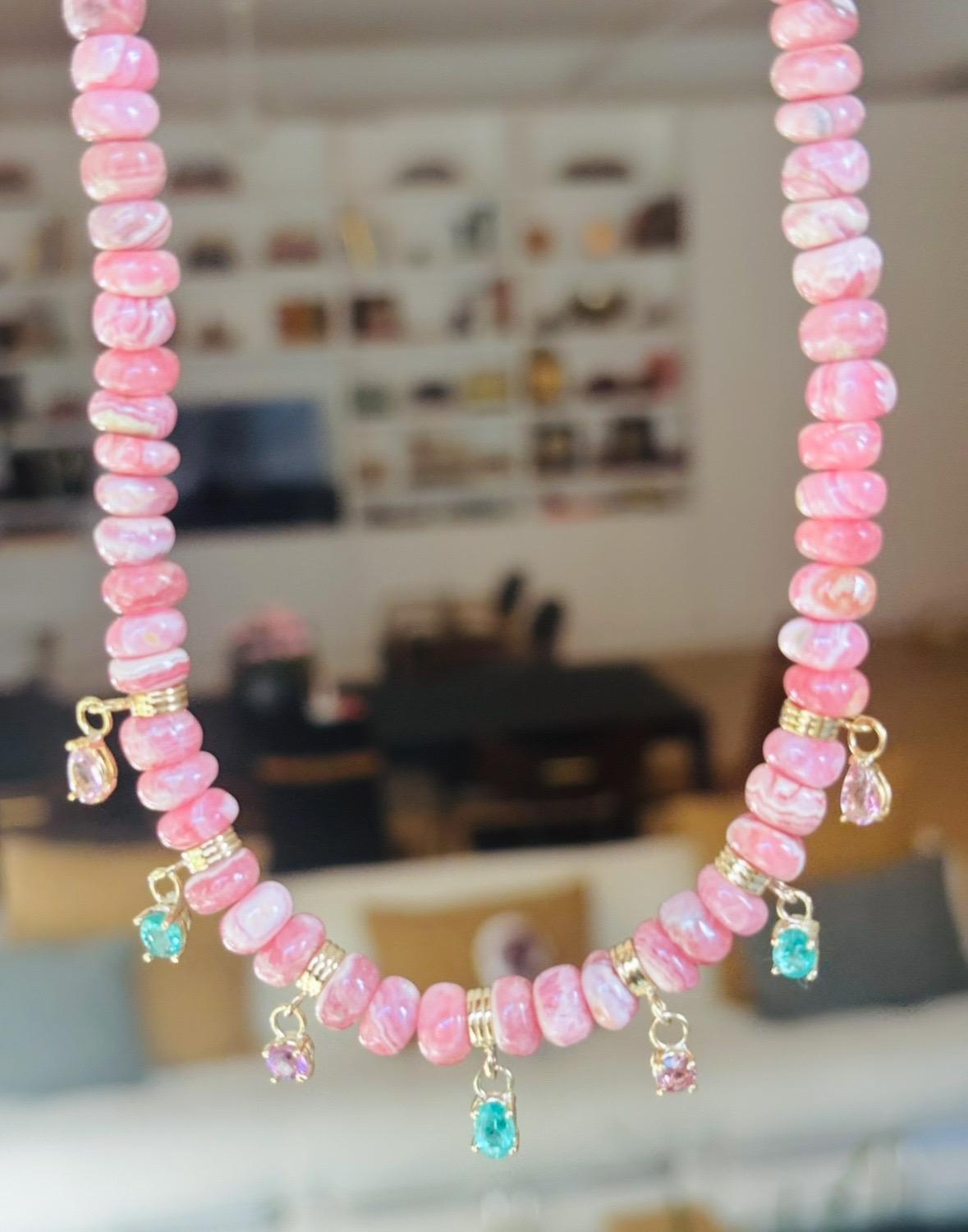Fringe Rondelle Necklace with Rhodochrosite, Emeralds, Pink Spinel & 14k Gold en venta 8