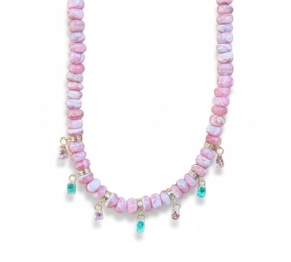 Fringe Rondelle Necklace with Rhodochrosite, Emeralds, Pink Spinel & 14k Gold en venta 9