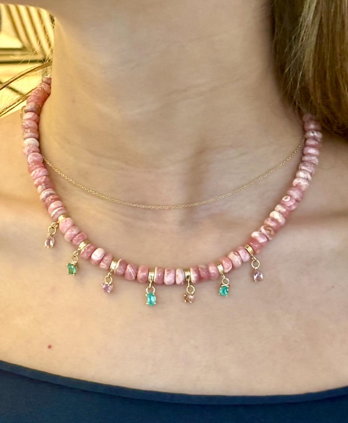 Fringe Rondelle Necklace with Rhodochrosite, Emeralds, Pink Spinel & 14k Gold en venta 3