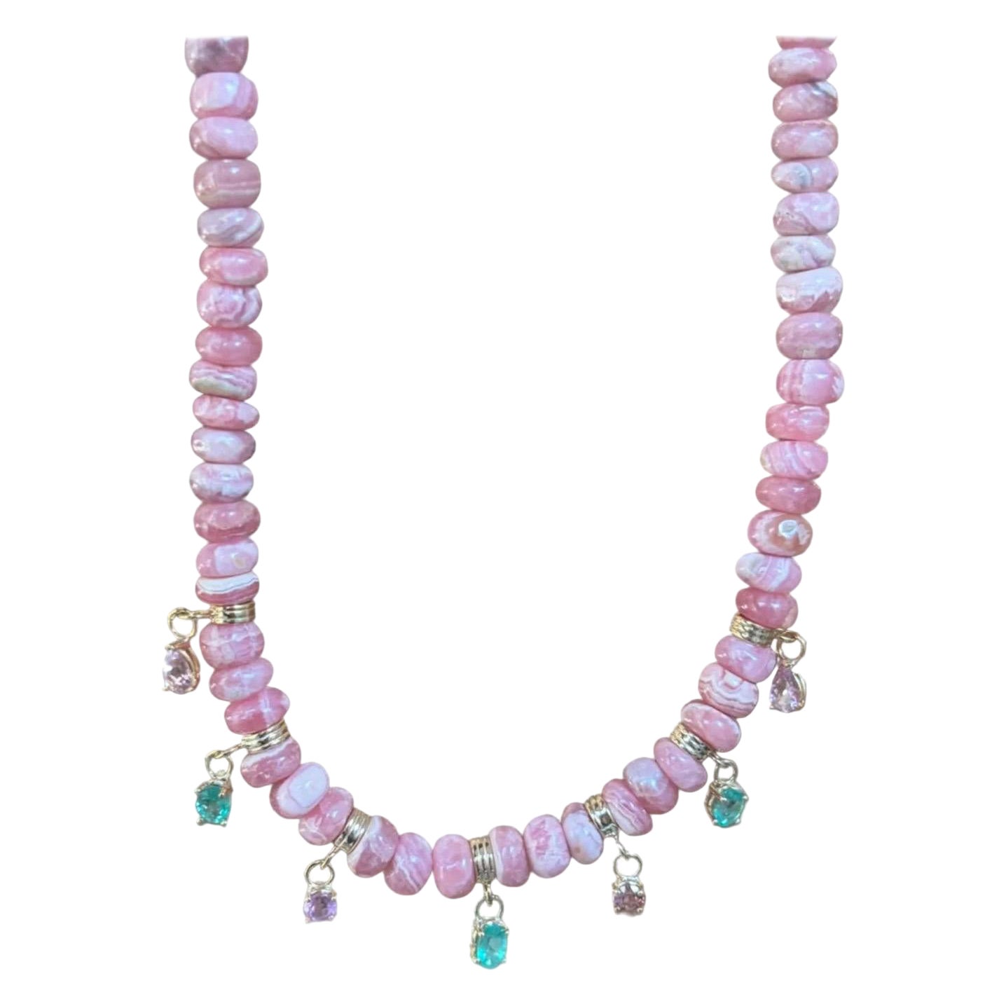 Fringe Rondelle Necklace with Rhodochrosite, Emeralds, Pink Spinel 
14k Gold en venta