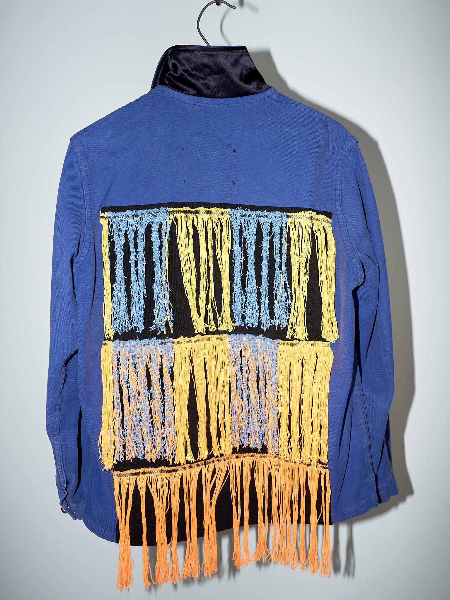 Embellished Fringe Jacket Blue Cotton French Work Wear  Small 6