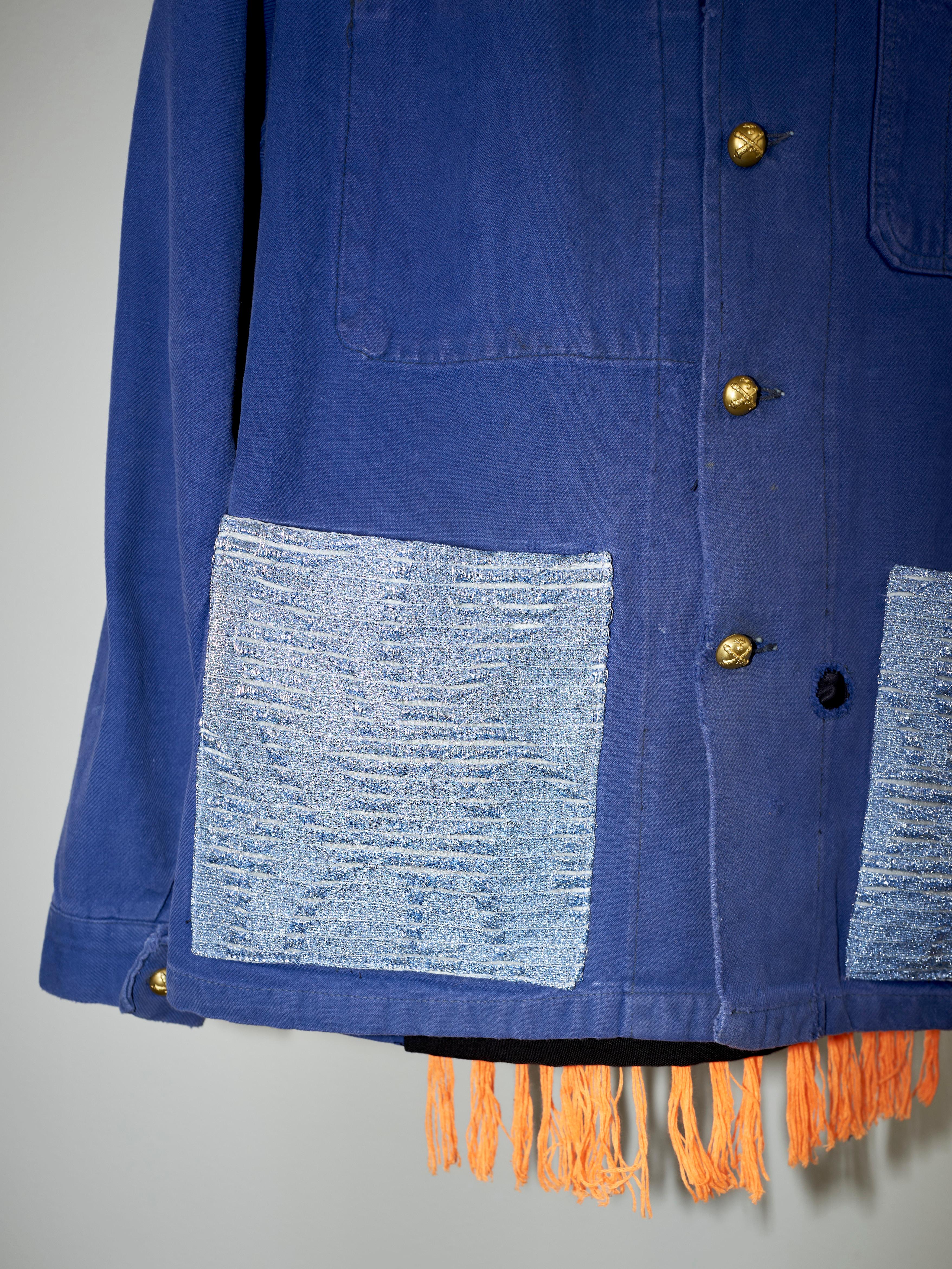Embellished Fringe Jacket Blue Cotton French Work Wear  Small In New Condition In Los Angeles, CA