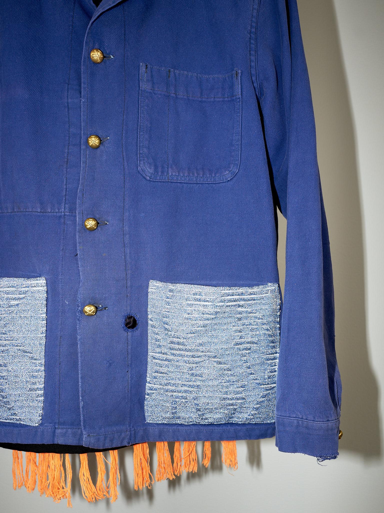 Women's Embellished Fringe Jacket Blue Cotton French Work Wear  Small