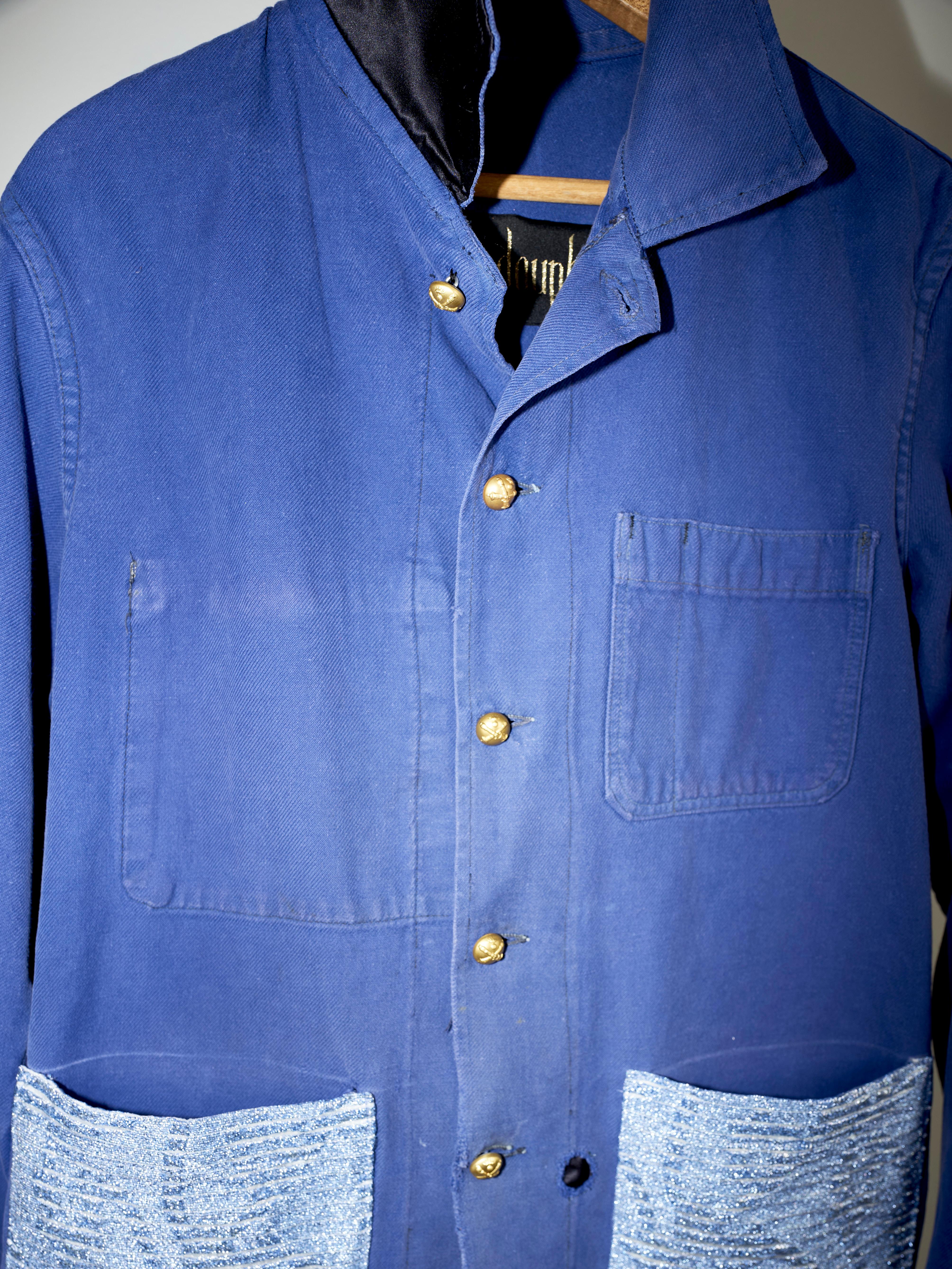 Embellished Fringe Jacket Blue Cotton French Work Wear  Small 2