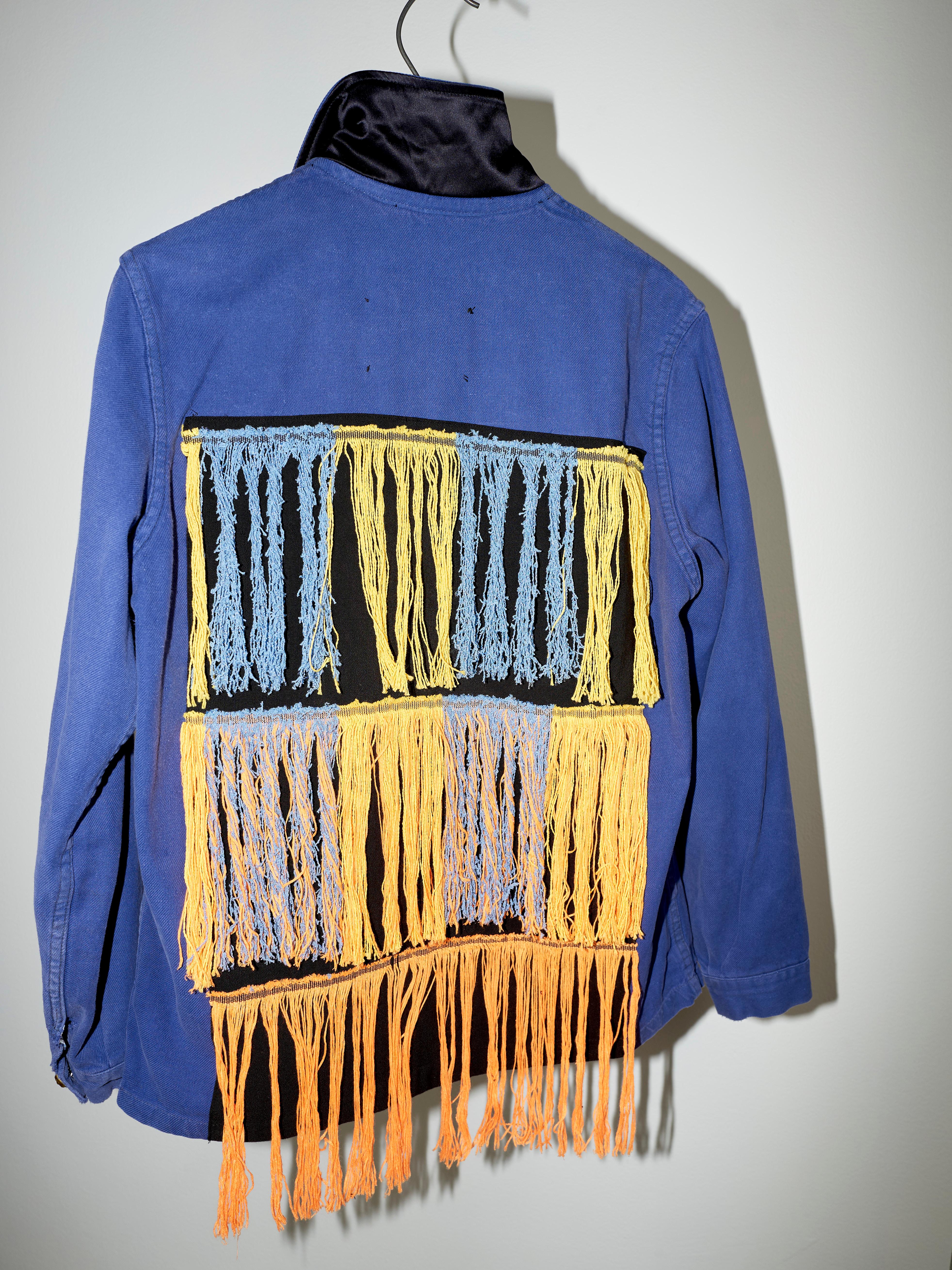 Embellished Fringe Jacket Blue Cotton French Work Wear  Small 3
