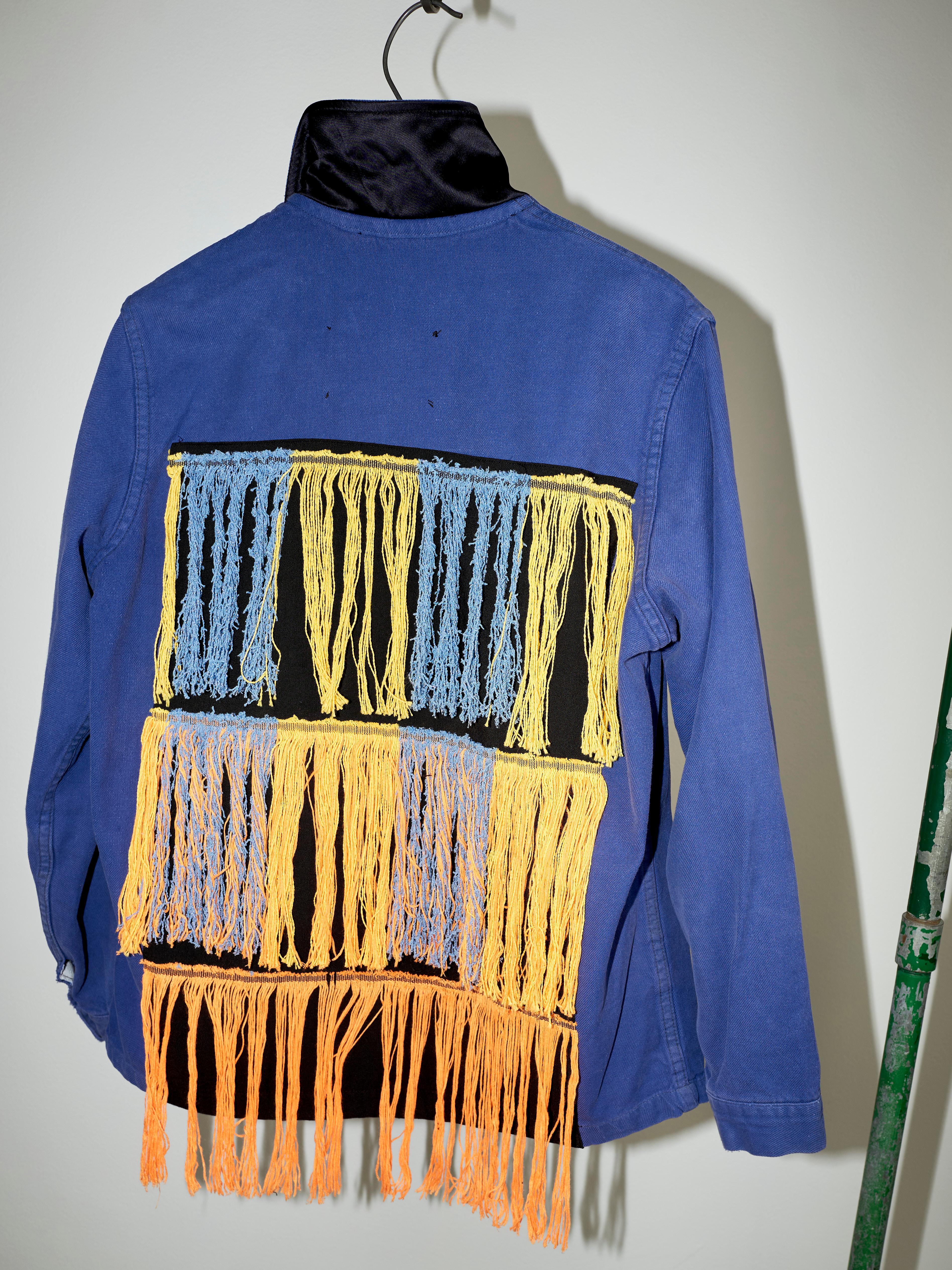 Embellished Fringe Jacket Blue Cotton French Work Wear  Small 4
