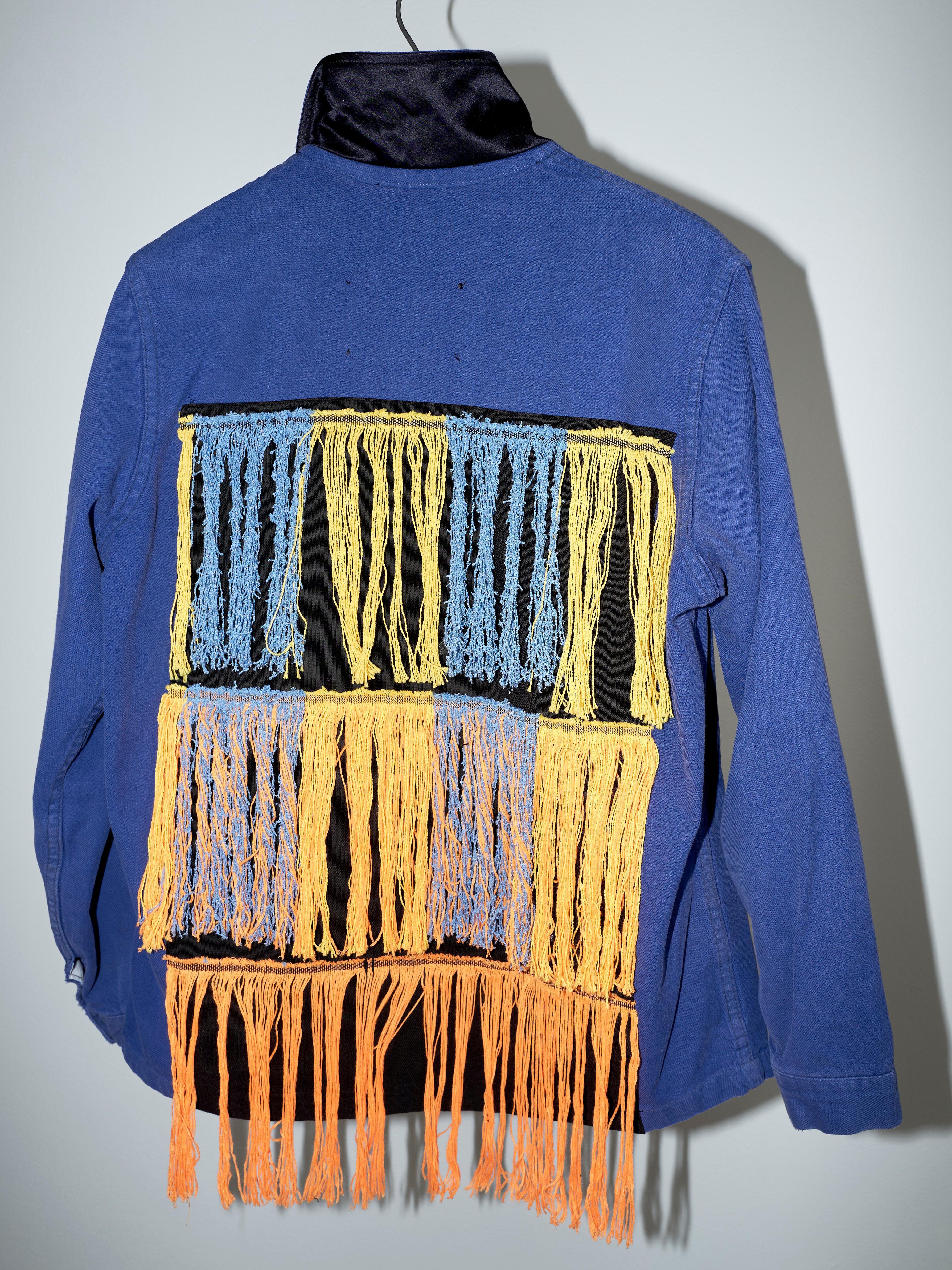 Fringe Yellow Orange Blue Jacket Work France One of a Kind Small For Sale 2