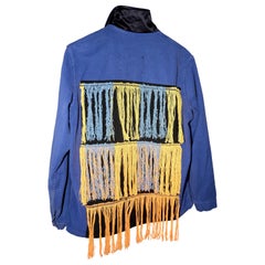 Embellished Fringe Jacket Blue Cotton French Work Wear  Small