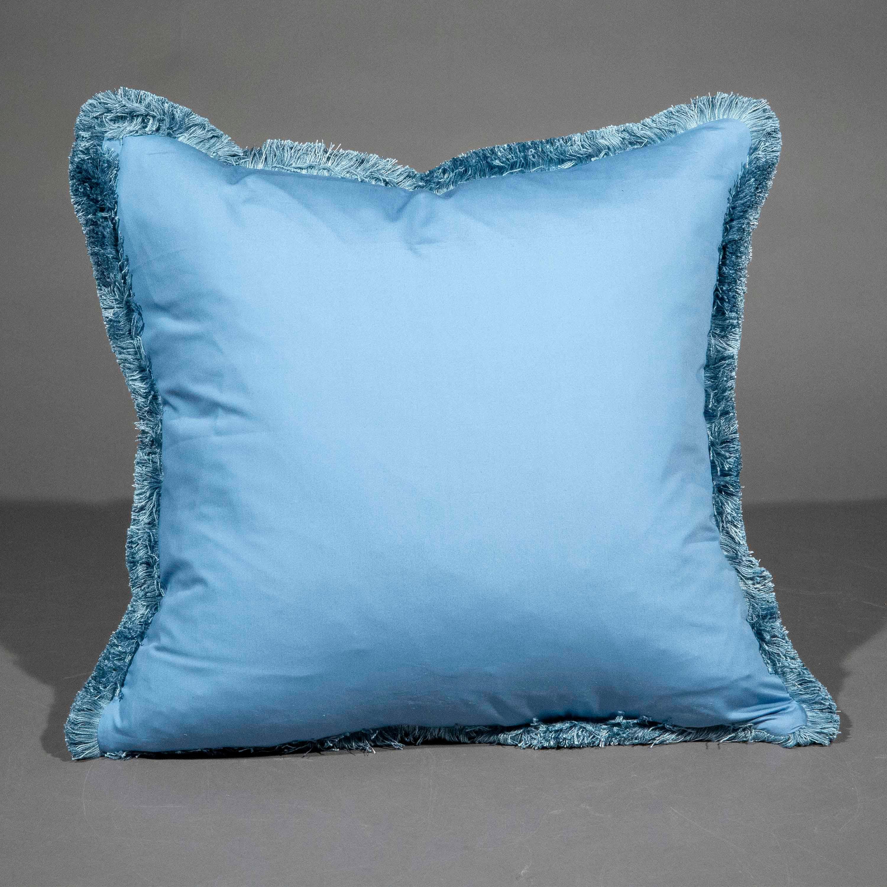 Fatto a mano Cuscino in seta damascata blu con frange 16
