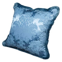 Fringed Blue Silk Damask Cushion 16” x 16”