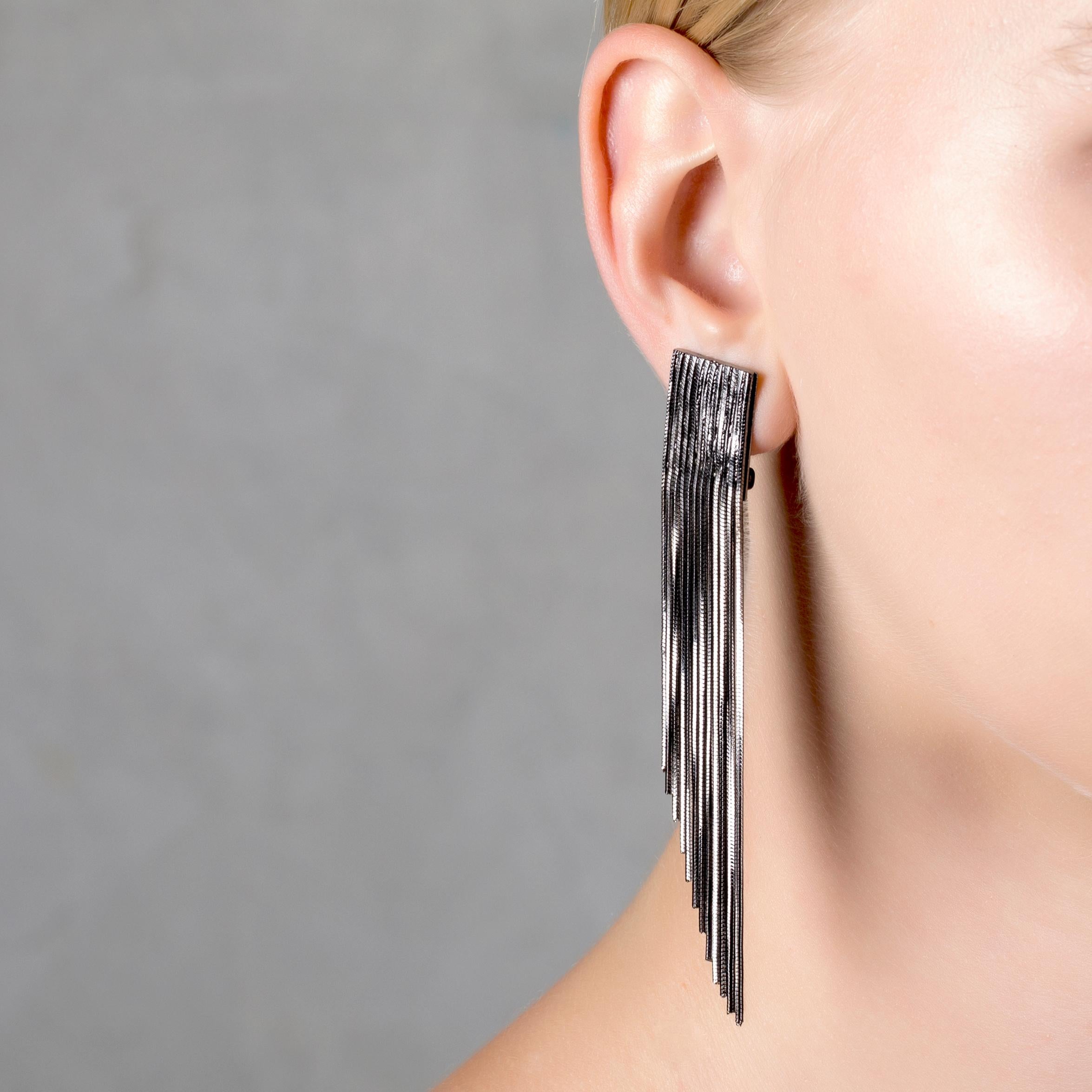 Women's Fringed Clip Earrings in Two Tones of 18 Carat gold and Black Plating For Sale
