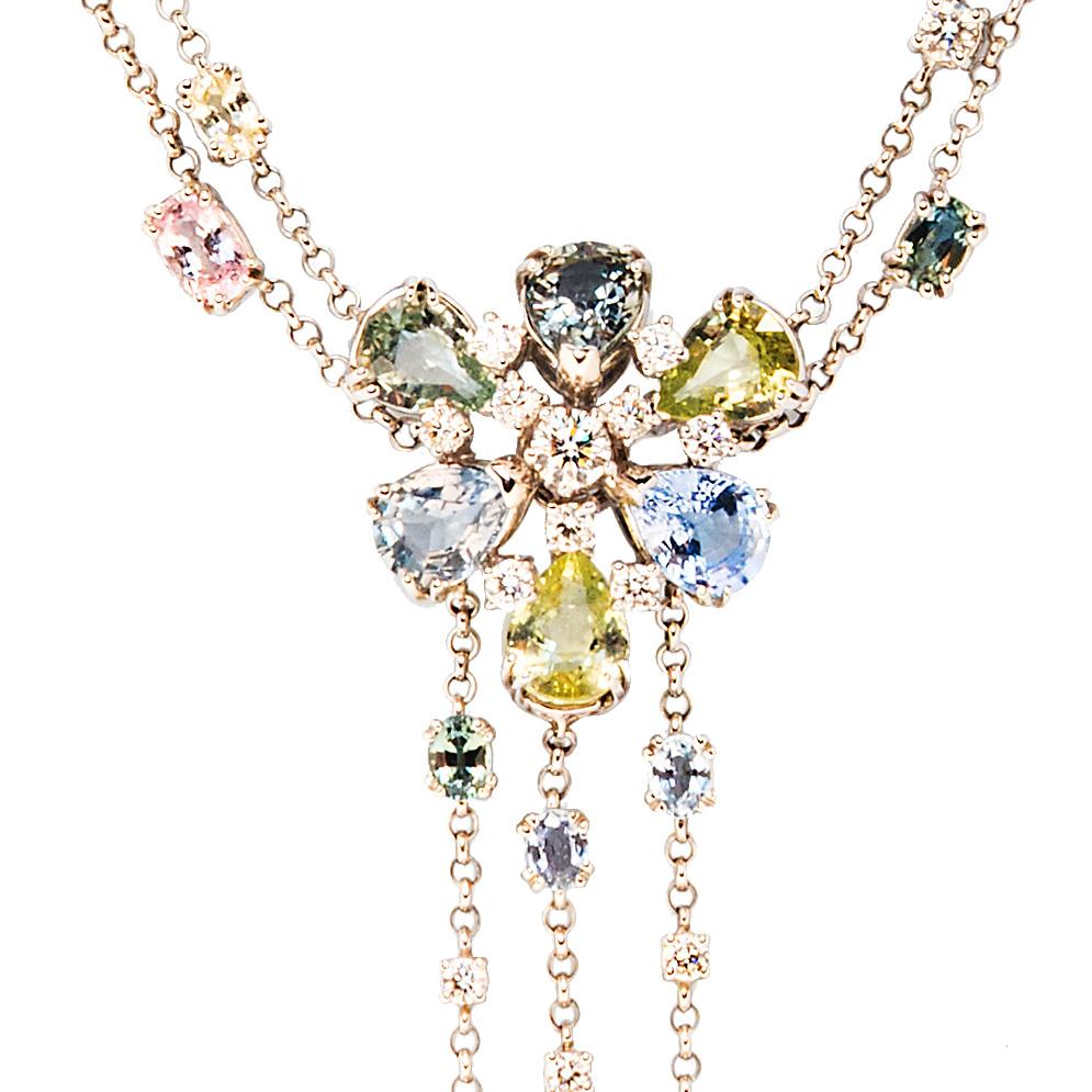 Mixed Cut Fringed Flower-Head Necklace with Pale Green and Purple Sapphires and Diamonds