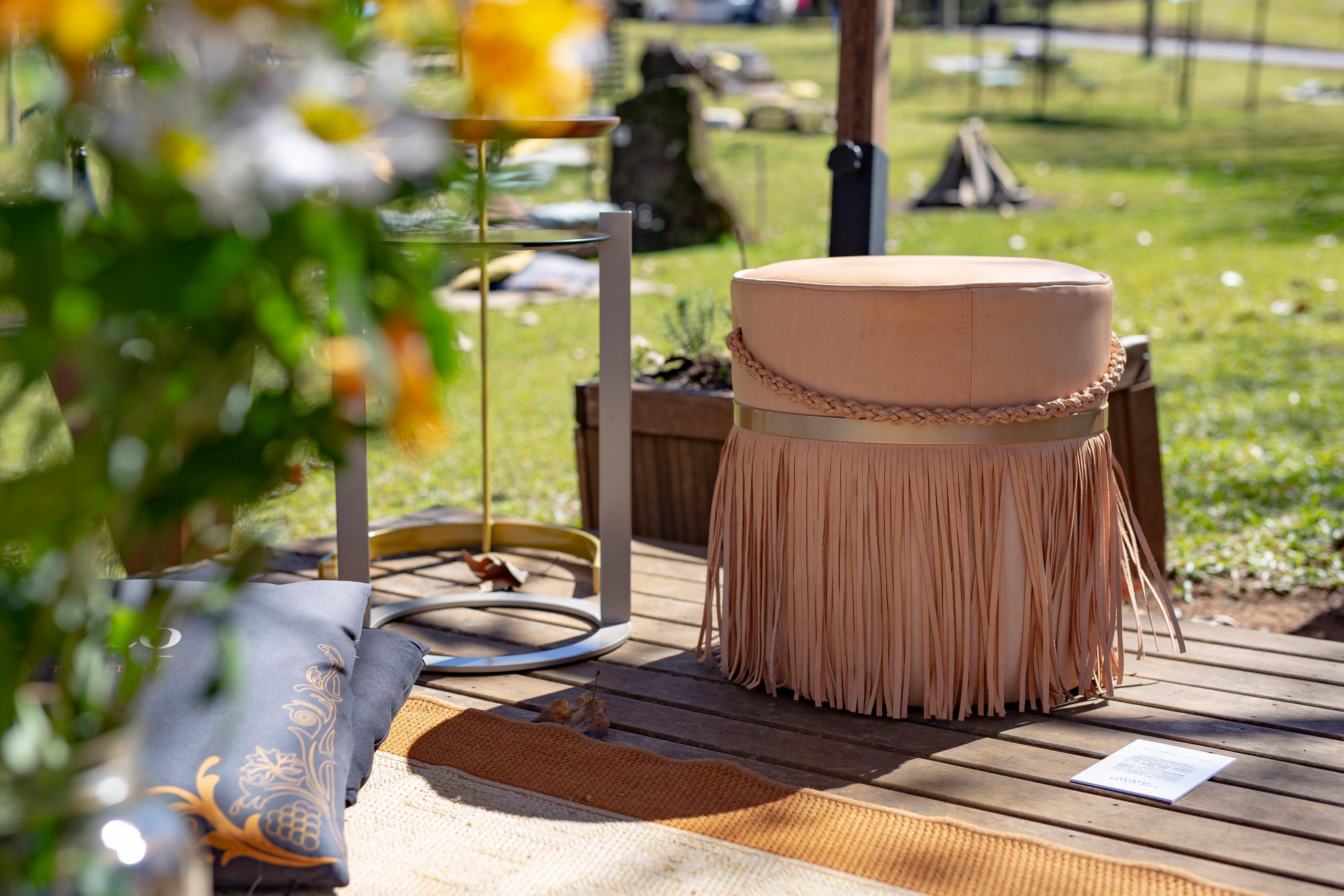 Modern Serena Pouf with Fringe, Ecofriendly, Brazilian Design, Natural Leather For Sale