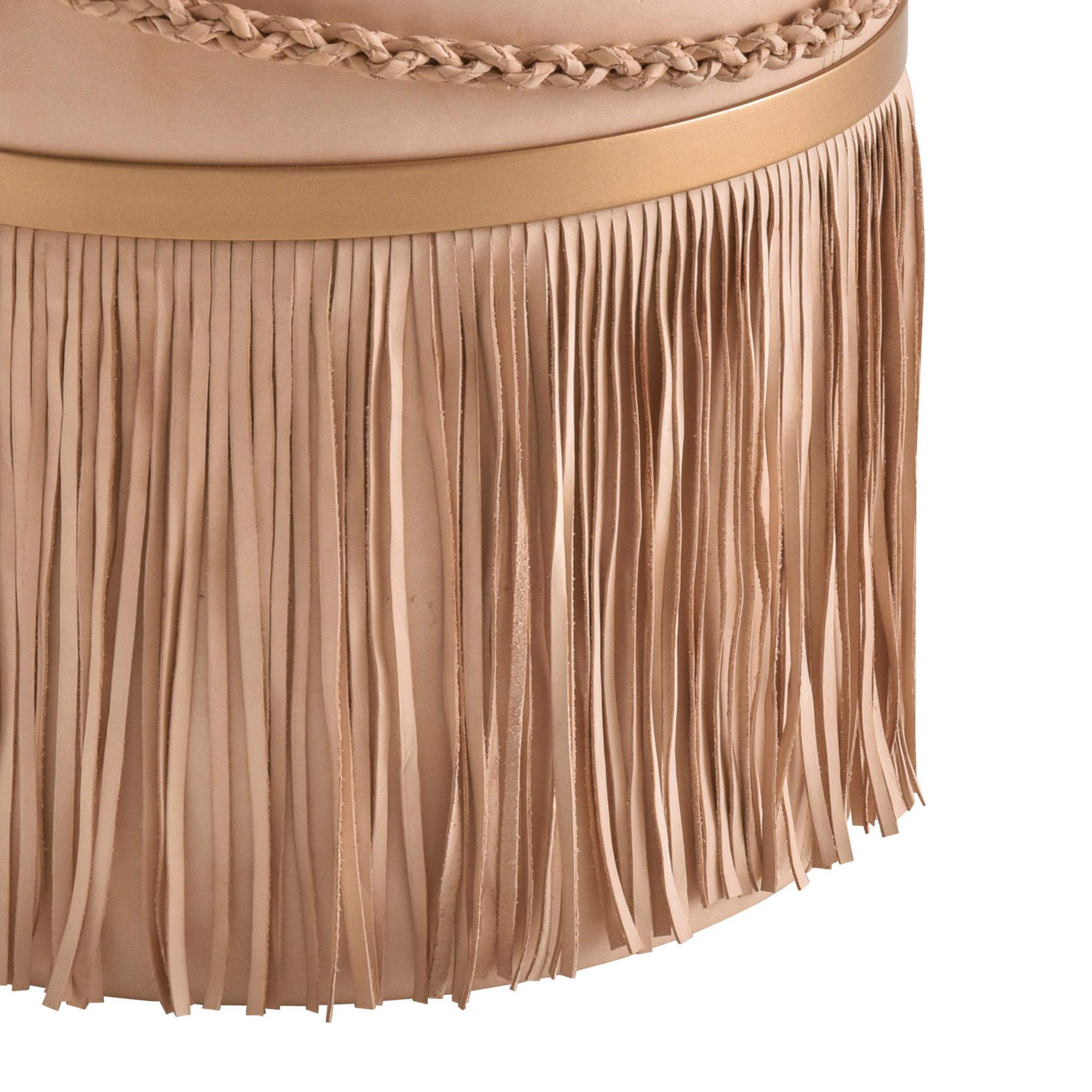 South American Serena Pouf with Fringe, Ecofriendly, Brazilian Design, Natural Leather For Sale