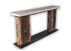 Frio Console with Wood Beams on Steel Plate and Supportive Distressed Limestone