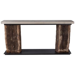 Frio Console with Wood Beams on Steel Plate and Supportive Distressed Limestone
