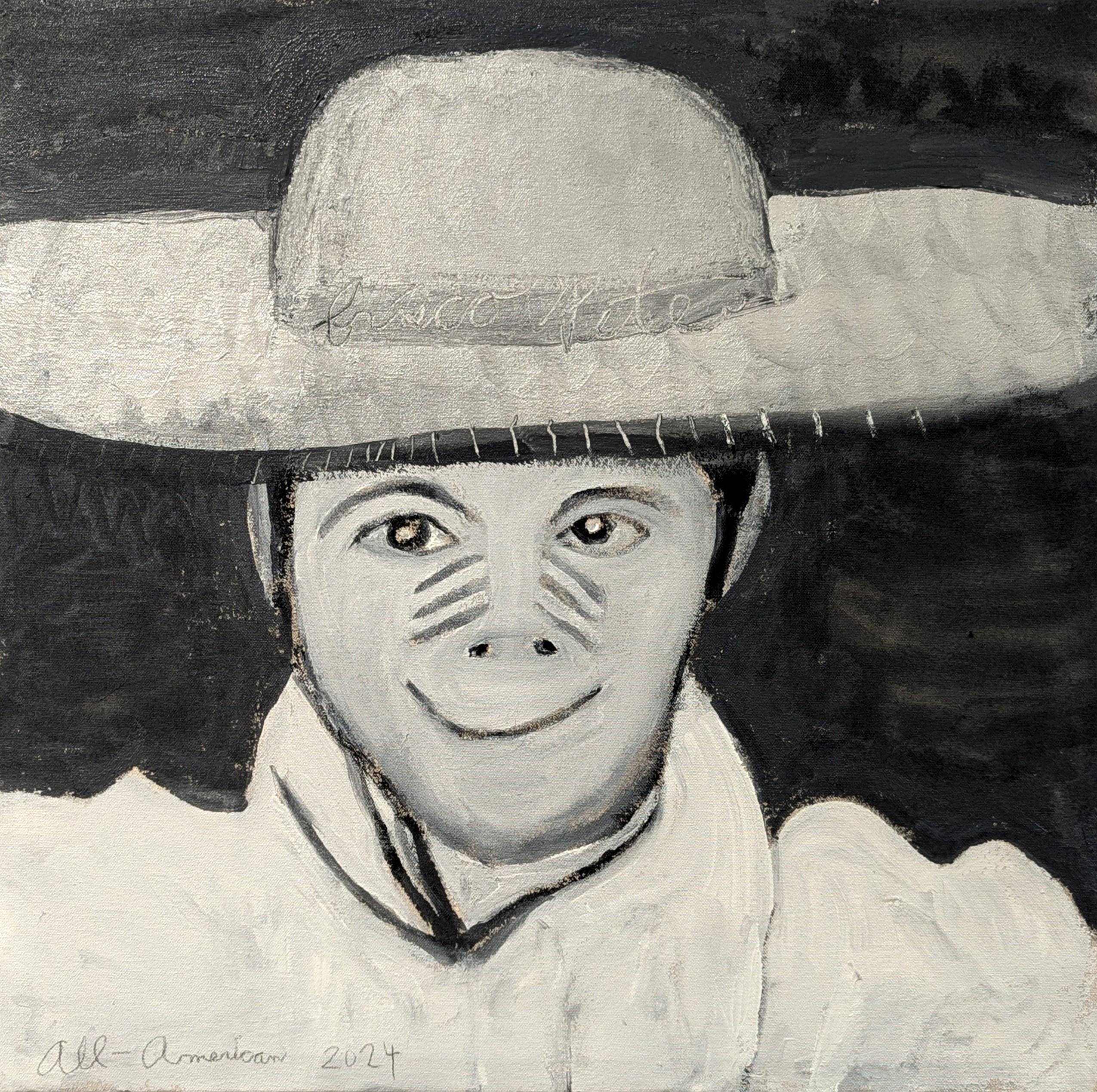 Frisco Pete Figurative Painting - "All-American" Contemporary Black 
Grey Toned Western Cowboy Portrait Painting