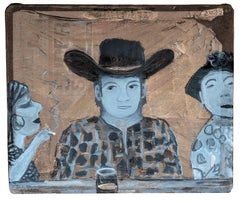 "At the Bar" Contemporary Grey & Sepia Toned Western Cowboy Portrait Painting