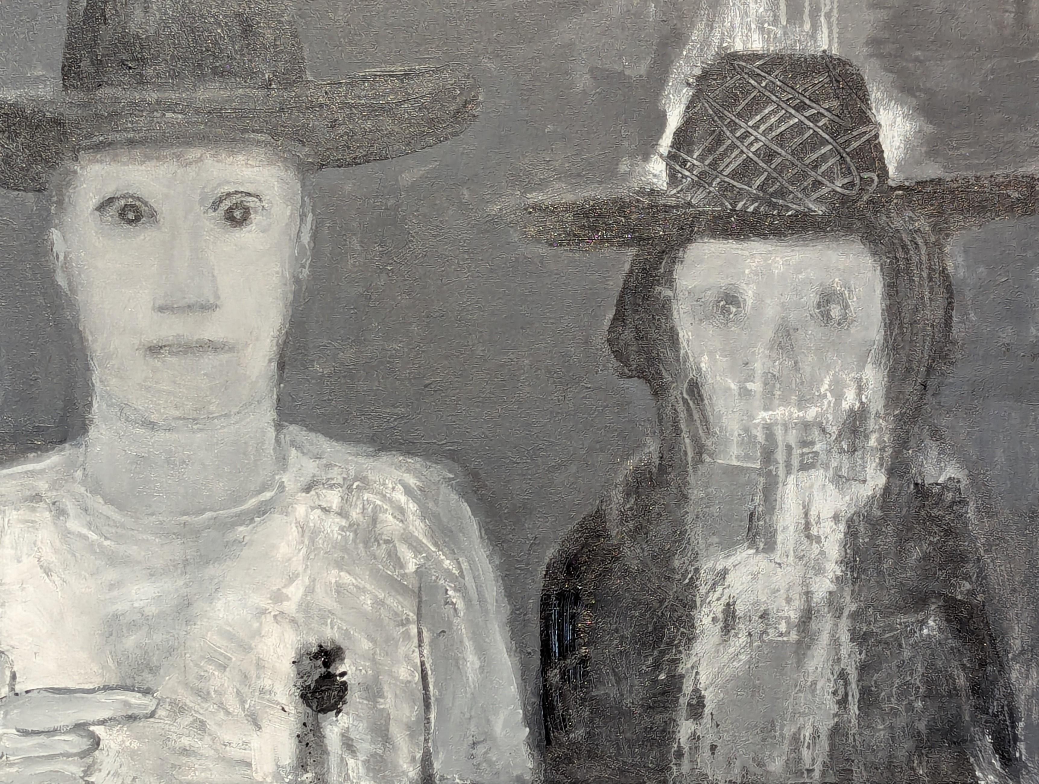 Pintura figurativa abstracta contemporánea de Frisco Pete, el Wrangler del Arte del Salvaje Oeste. La obra muestra a un par de vaqueros, uno apuntando a una herida de bala y el otro a un esqueleto, de pie frente a un fondo gris con un caballo y una