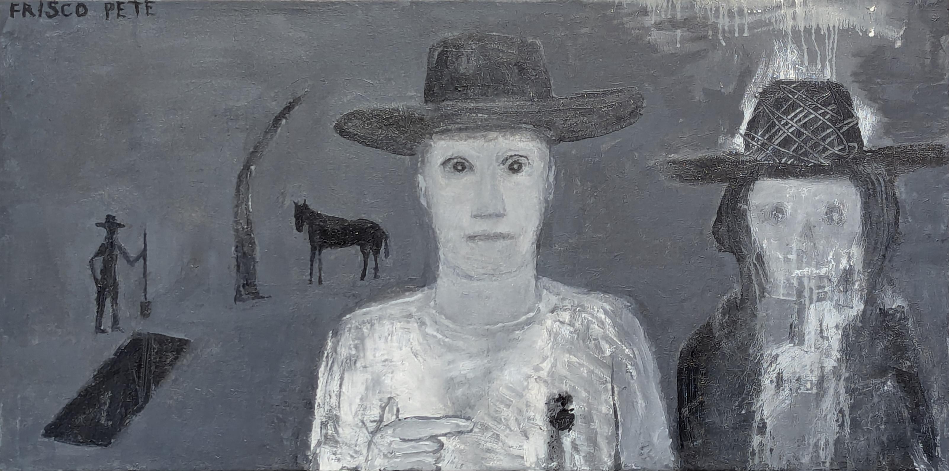 Figurative Painting de Frisco Pete - "Vaquero muerto" Pintura contemporánea en blanco y negro inspirada en el Oeste