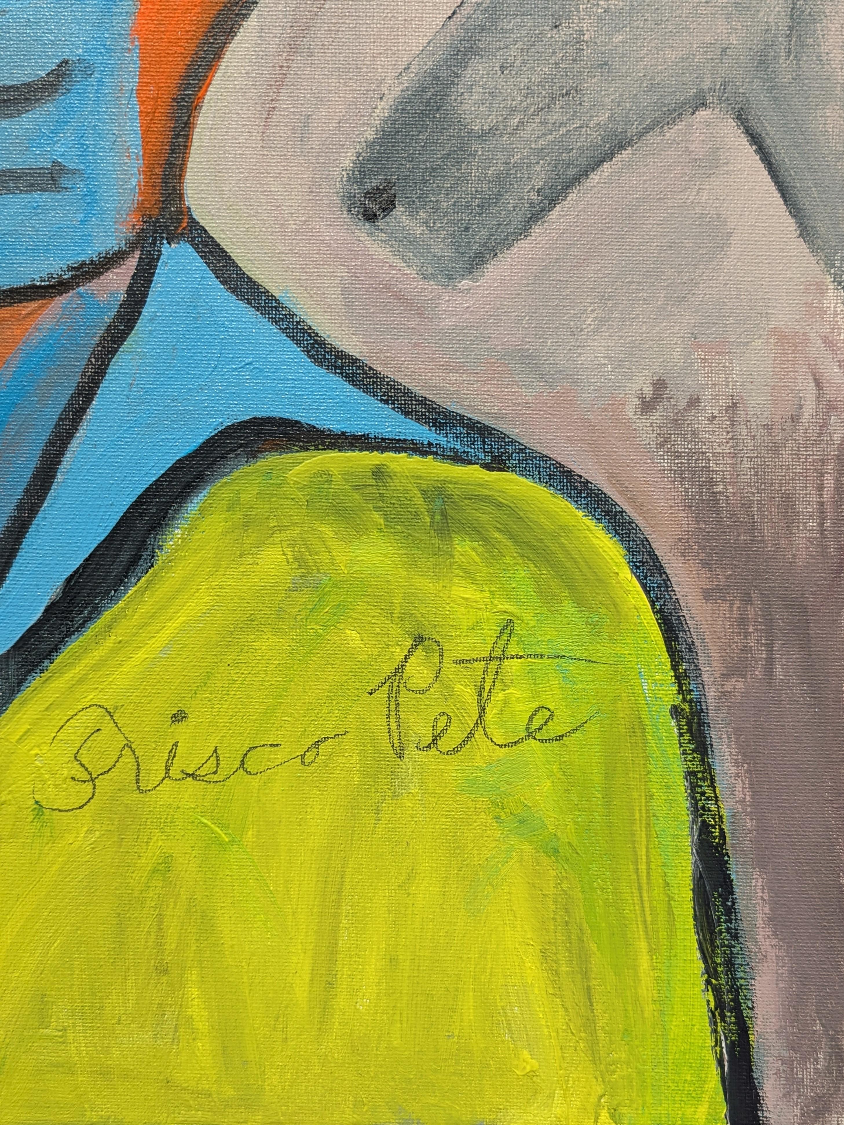 Pittura figurativa astratta contemporanea di Frisco Pete, The Wild West Art Wrangler. L'opera presenta una colorata figura di cowboy nei toni dell'arancione, del blu e del verde lime su uno sfondo grigio con un cavallo. Firmato e datato lungo il