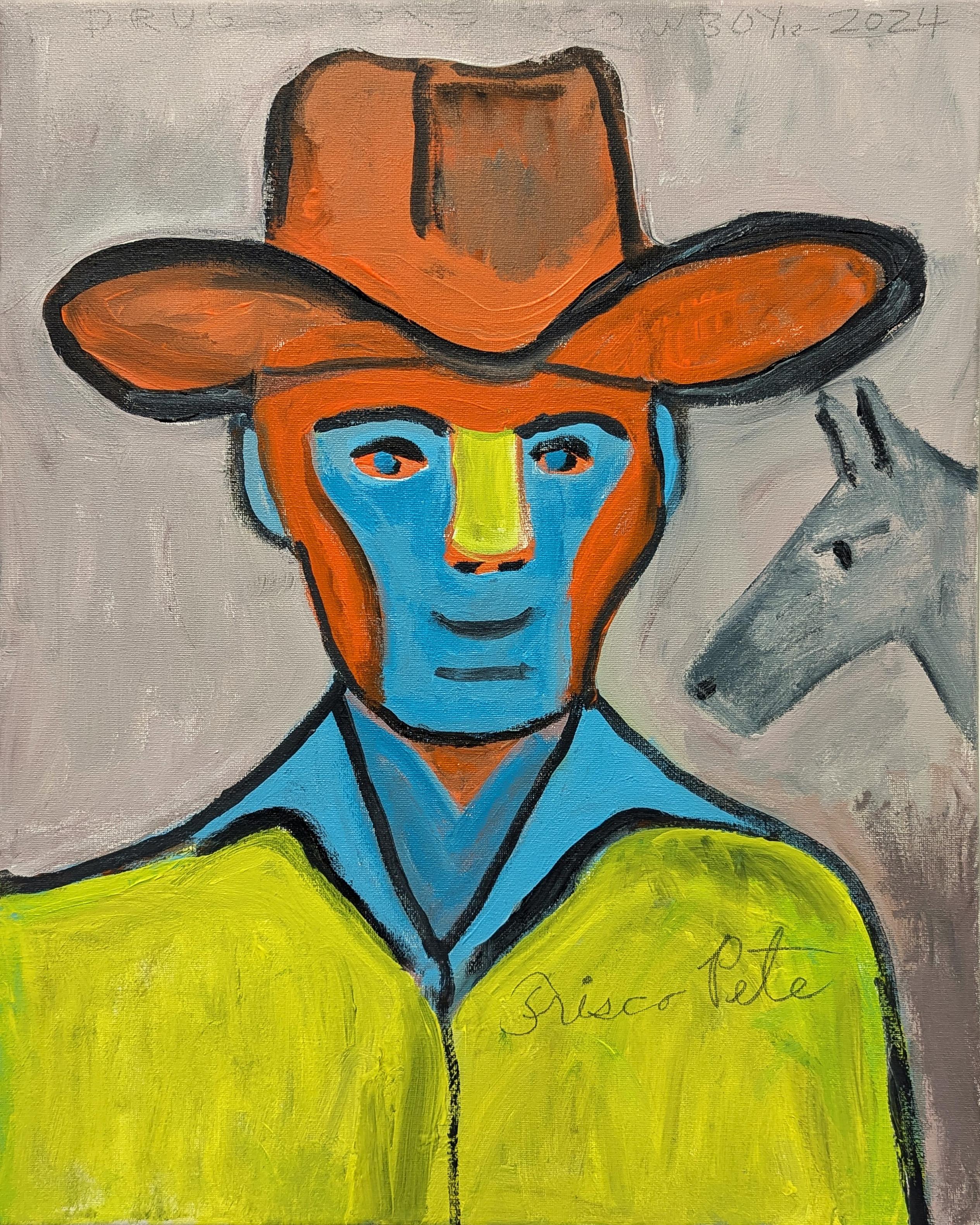 Figurative Painting di Frisco Pete - "Drugstore Cowboy" Quadro contemporaneo colorato con ritratto di cowboy occidentale