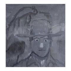 "Primitive Artist" Contemporary Black & White Western Cowboy Portrait Painting