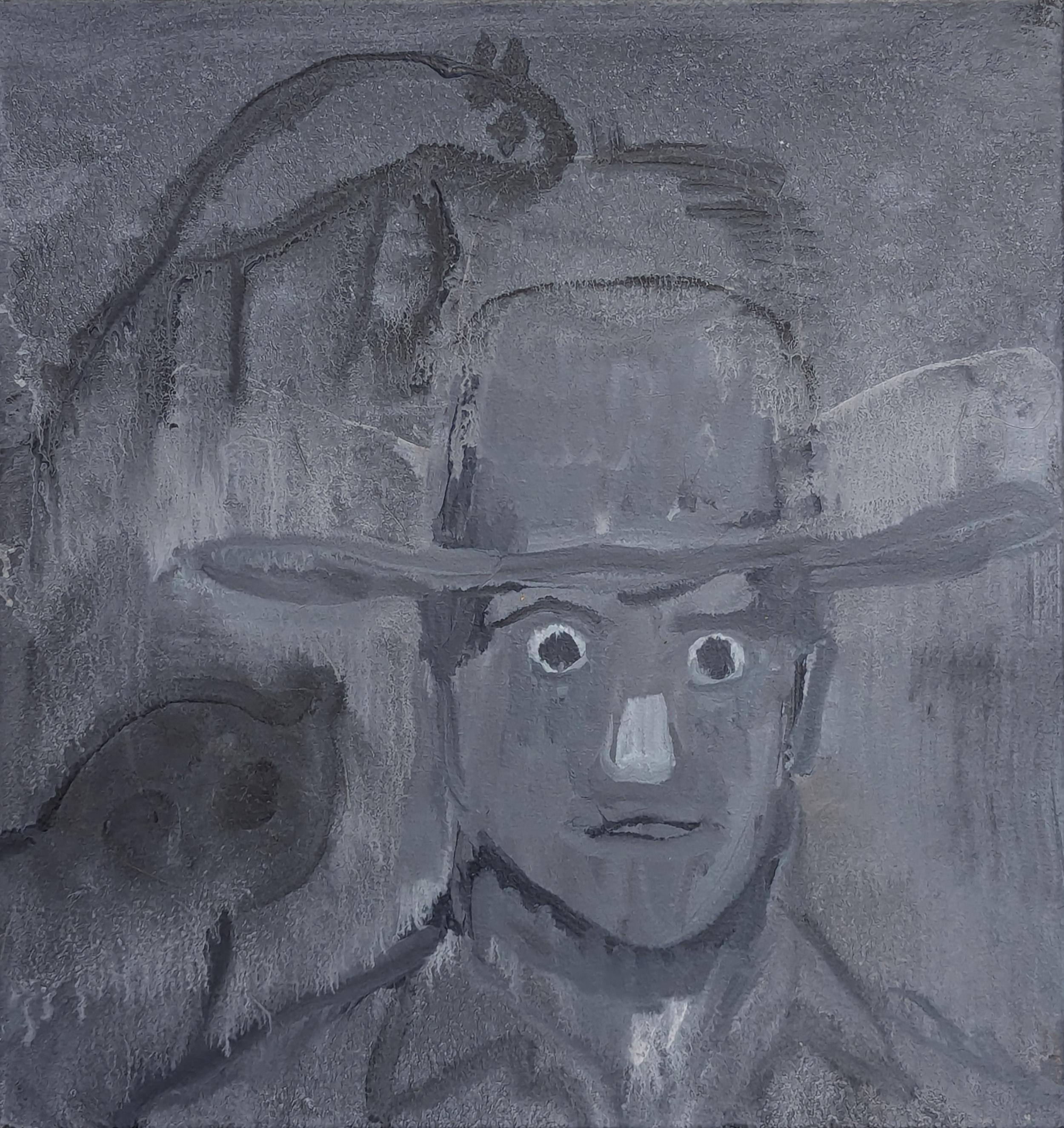 Figurative Painting de Frisco Pete - "Artista Primitivo" Pintura Contemporánea en Blanco y Negro Retrato de Vaquero del Oeste