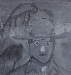 "Artista Primitivo" Pintura Contemporánea en Blanco y Negro Retrato de Vaquero del Oeste
