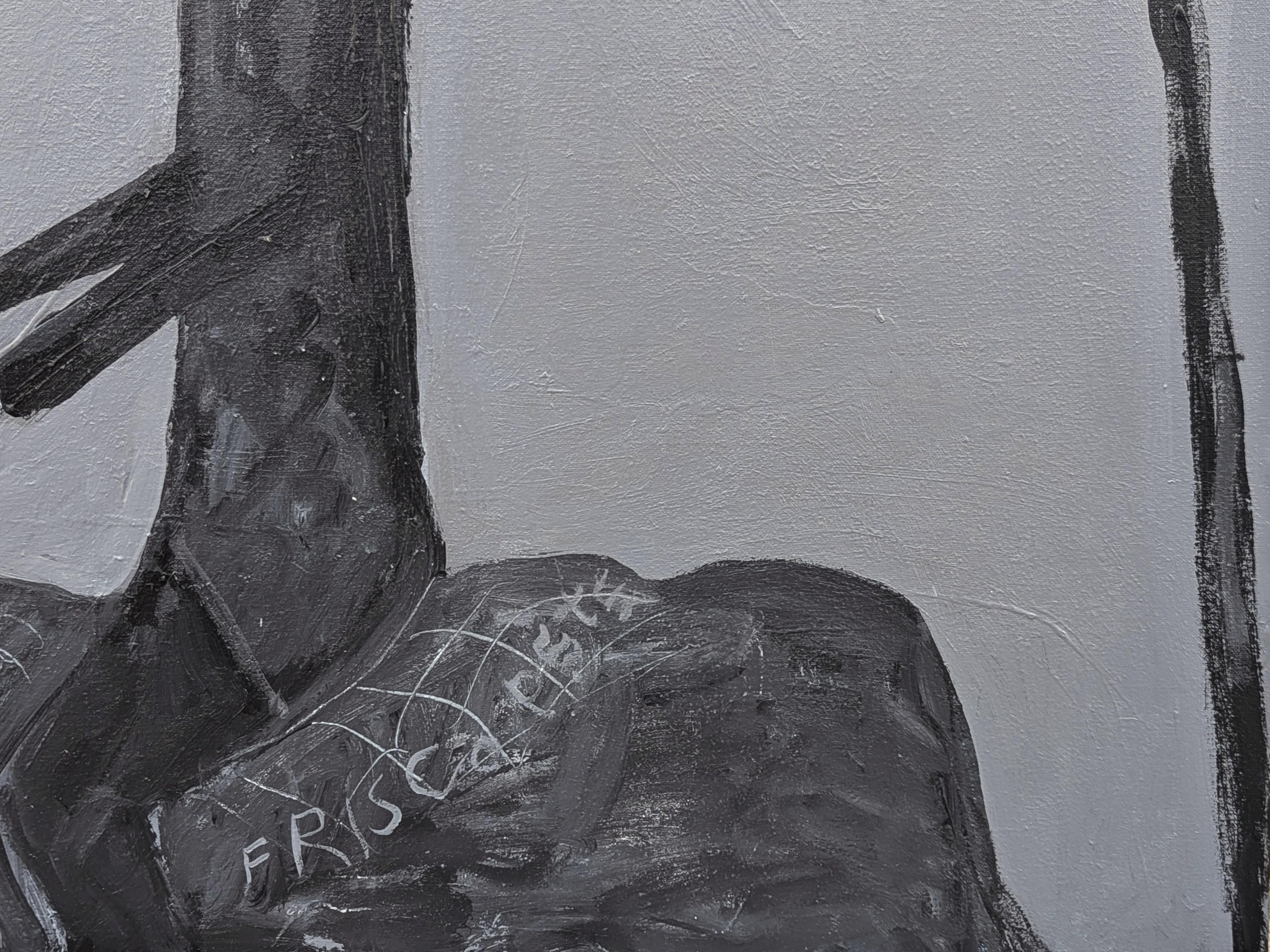Pintura figurativa abstracta contemporánea de Frisco Pete, el Wrangler del Arte del Salvaje Oeste. La obra presenta una figura central de vaquero montado a caballo. Firmado en la esquina inferior derecha de la parte delantera. Actualmente sin