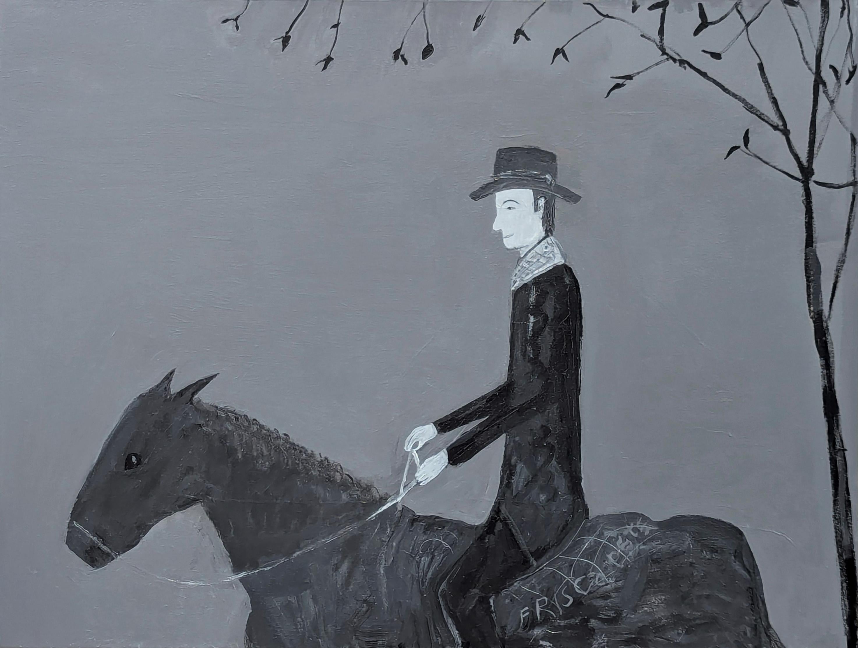 Figurative Painting de Frisco Pete - "Jinete" Pintura contemporánea en blanco y negro inspirada en los vaqueros del oeste montando a caballo
