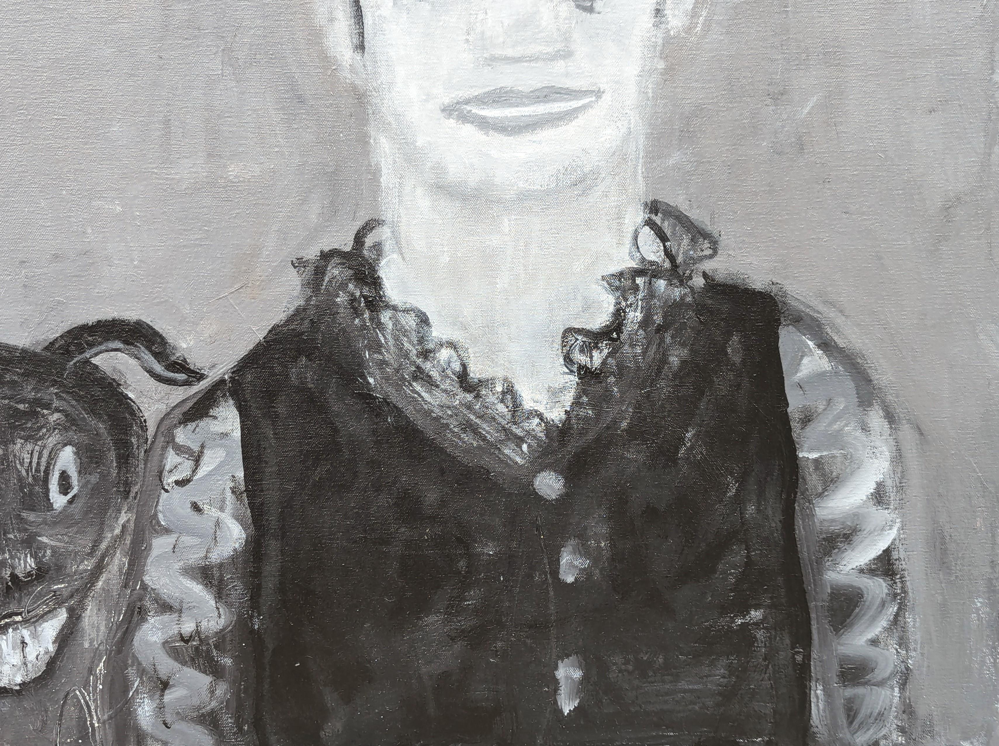 Pittura figurativa astratta contemporanea di Frisco Pete, The Wild West Art Wrangler. L'opera presenta una coppia centrale di figure di cowboy malconci con un cane al centro. Firmato, intitolato e datato lungo il margine superiore anteriore.