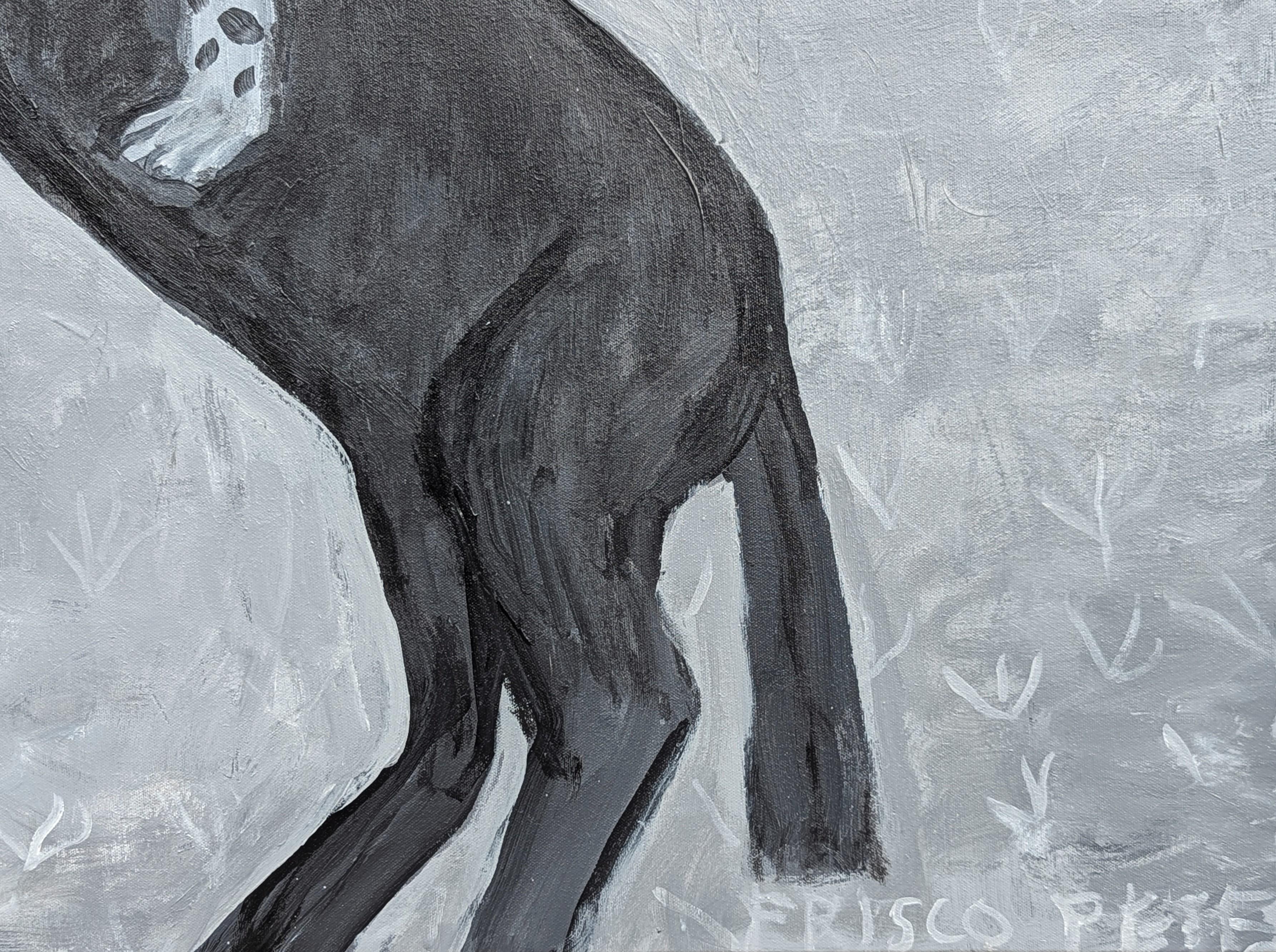 Pittura figurativa astratta contemporanea di Frisco Pete, The Wild West Art Wrangler. L'opera presenta una figura centrale con macchie di leopardo e una coda che si alza a cavallo. Firmato nell'angolo anteriore in basso a destra e firmato,