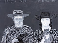 "The Pets" Contemporary Black & Grey Toned Western Cowboy Cat and Dog Painting
