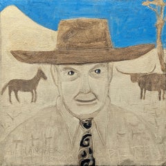 "The Rancher" Contemporary Blue & Grey Toned Western Cowboy Portrait Painting