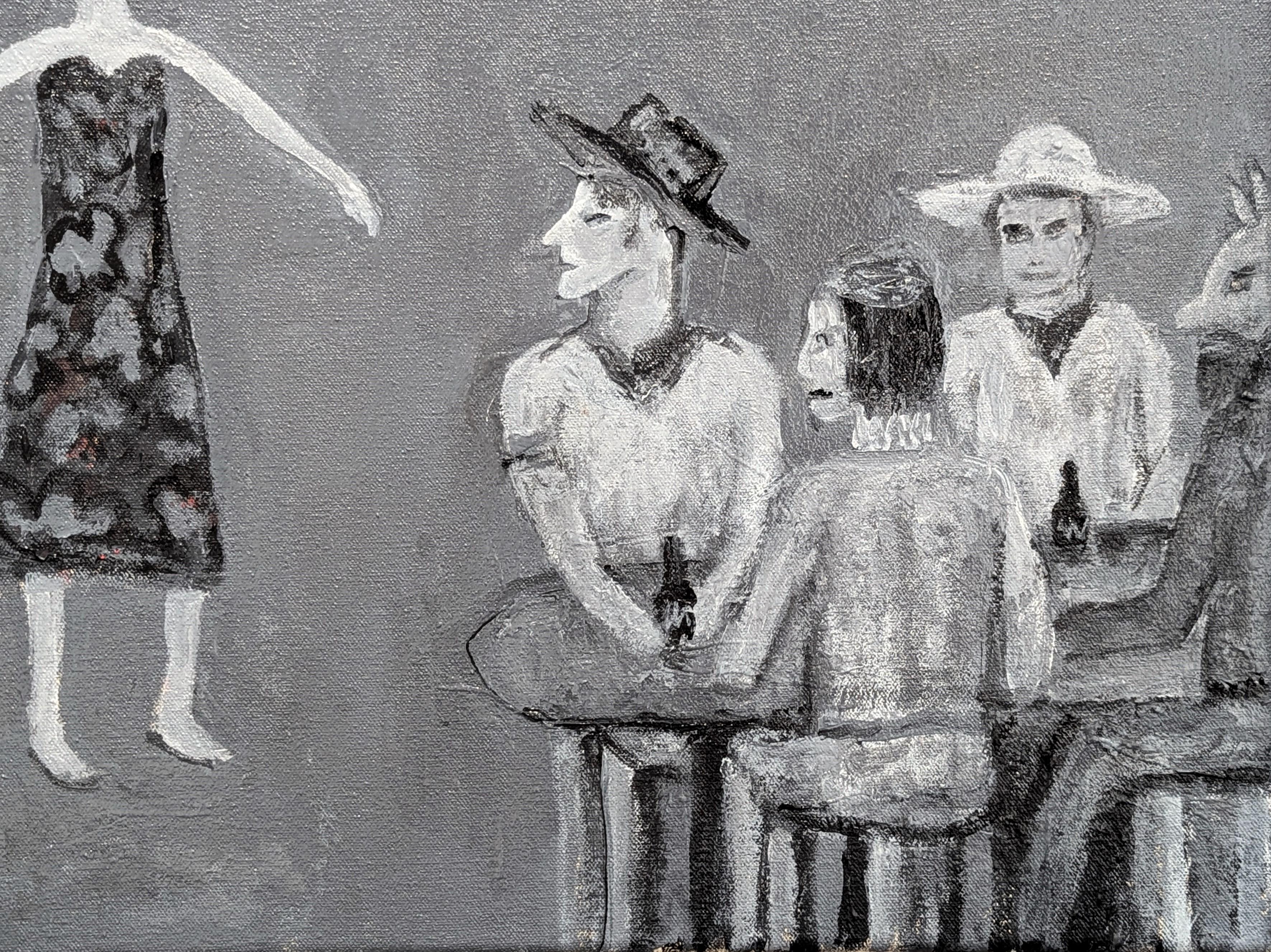 Zeitgenössische abstrakte figurative Malerei von Frisco Pete, The Wild West Art Wrangler. Im Mittelpunkt des Werks steht eine Sängerin, die in einer Bar vor einem Publikum auftritt. Rückseitig signiert, betitelt und datiert. Derzeit ungerahmt, aber