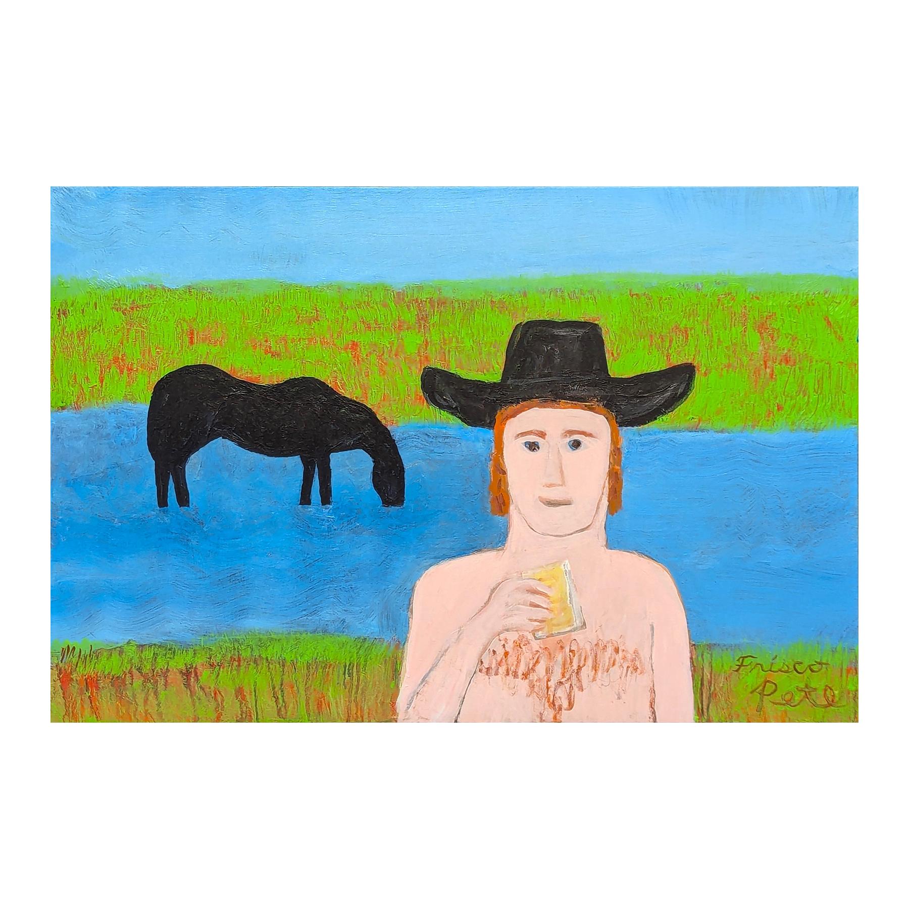 Contemporary abstract figurative painting by Frisco Pete, The Wild West Art Wrangler. The work features a shirtless cowboy washing up by the river as his black horse drinks water in the background. Signed in the front lower right corner as well as