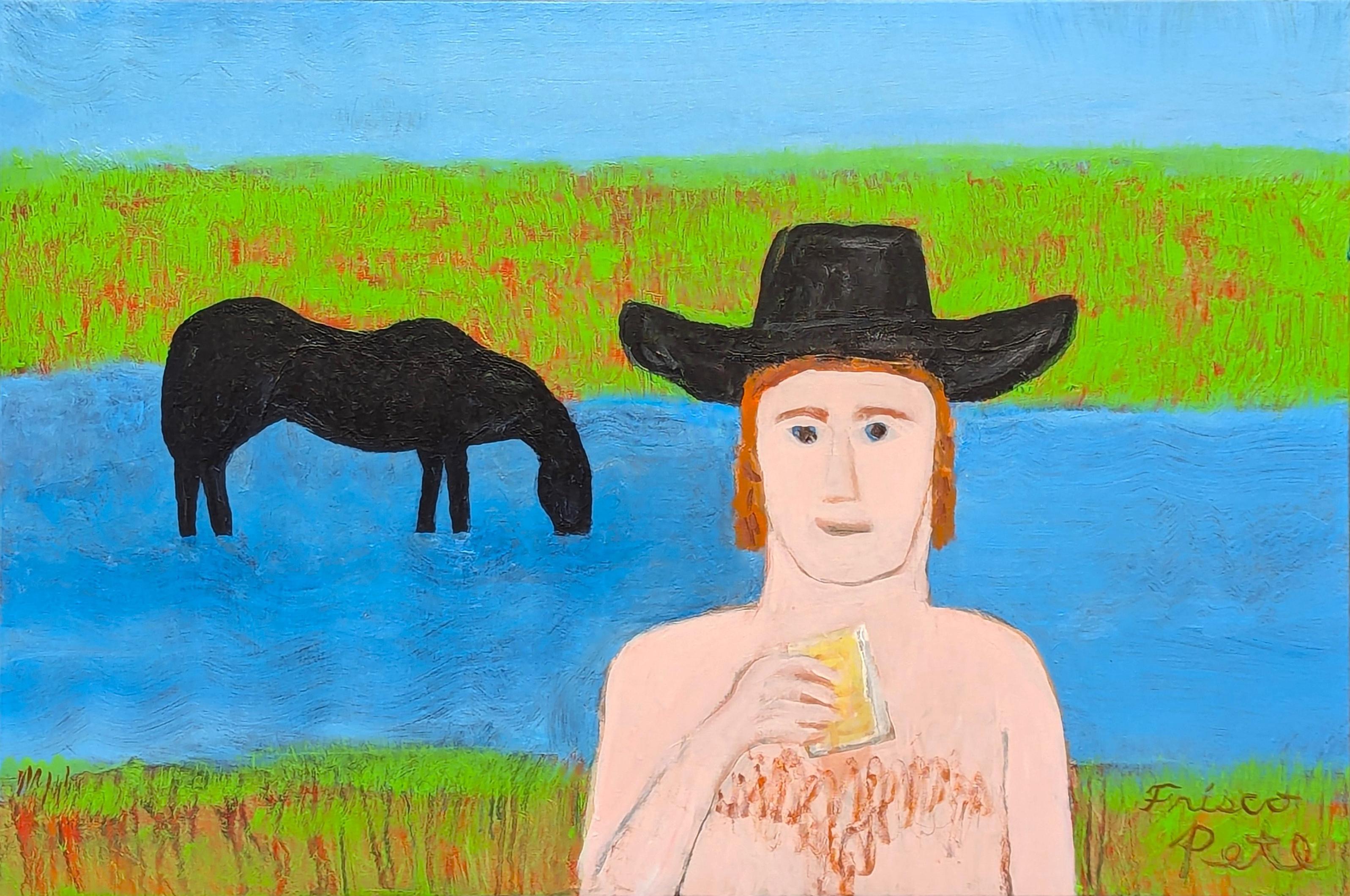 Frisco Pete Figurative Painting - "Watering Hole" Contemporary Blue and Green Western Inspired Cowboy Painting