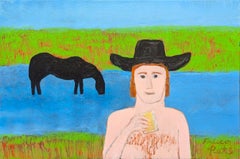 "Watering Hole" Contemporary Blue and Green Western Inspired Cowboy Painting
