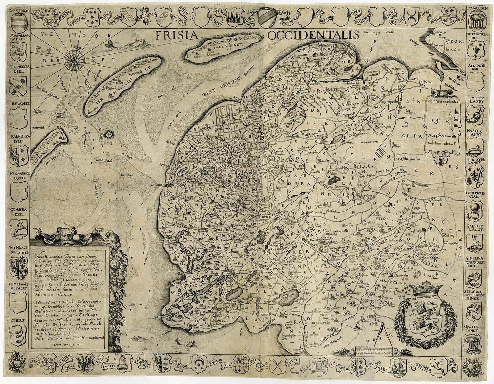 Antique map titled 'Frisia Occidentalis.' - A very decorative map of the Dutch province Friesland, also showing the Wadden islands Terschelling and Ameland. With coats of arms of the municipalities of the area in the borders. A coat of arms in the
