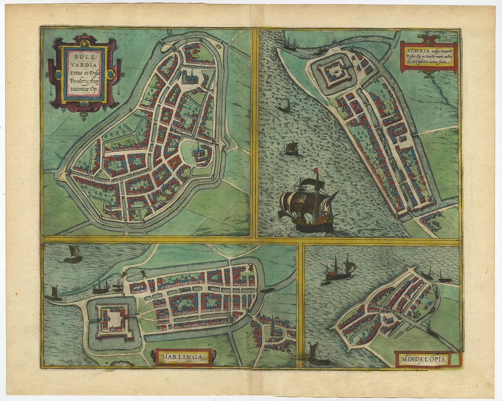 Antique map titled ‘Bolzvardia, Stavria, Harlinga, Hindelopia’. Four maps on one sheet. This map depicts the cities Bolsward, Stavoren, Harlingen and Hindeloopen (Friesland, The Netherlands). This map originates from ‘Urbium praecipuarum totius