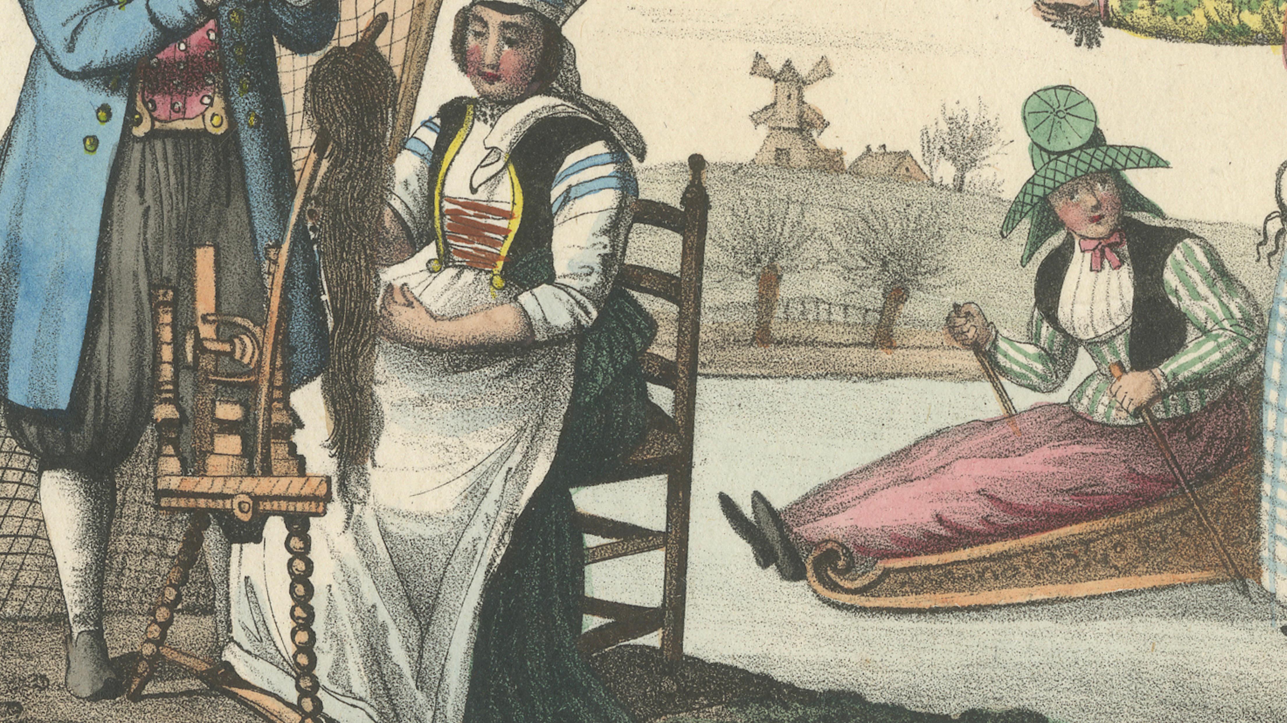 Frisian Fisherman & Winter Costume Scene – Dutch Costume Lithograph, c.1840