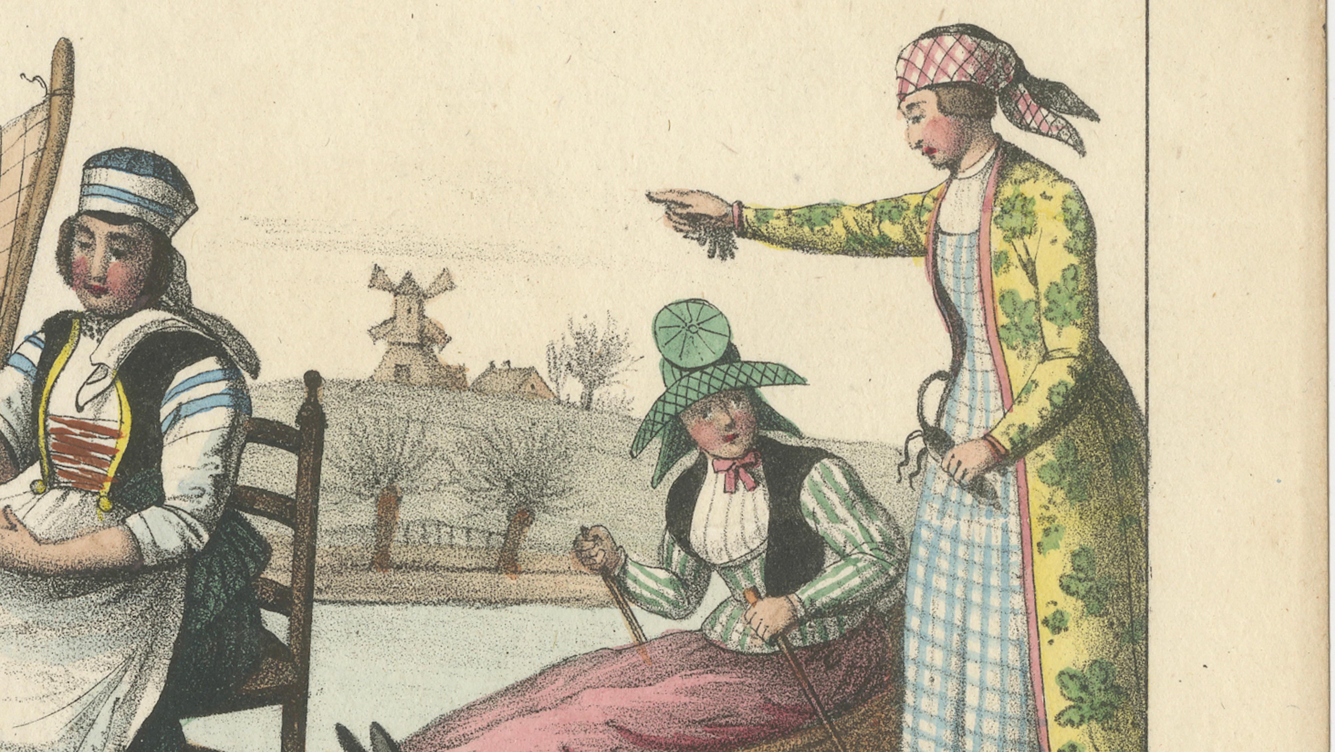 Frisian Fisherman & Winter Costume Scene – Dutch Costume Lithograph, c.1840