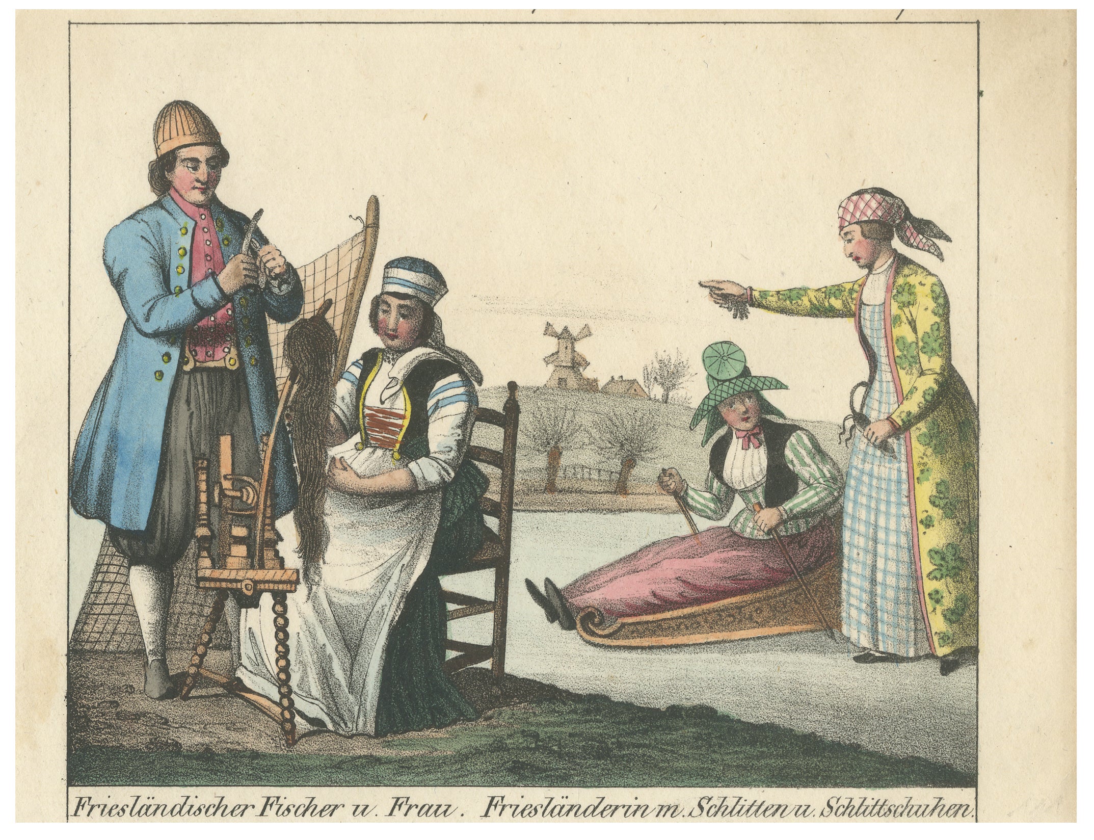 Frisian Fisherman & Winter Costume Scene – Dutch Costume Lithograph, c.1840 For Sale