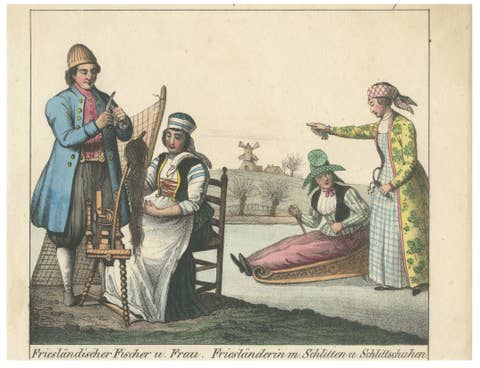 Frisian Fisherman & Winter Costume Scene – Dutch Costume Lithograph, c.1840