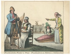 Frisian Fisherman & Winter Costume Scene – Dutch Costume Lithograph, c.1840